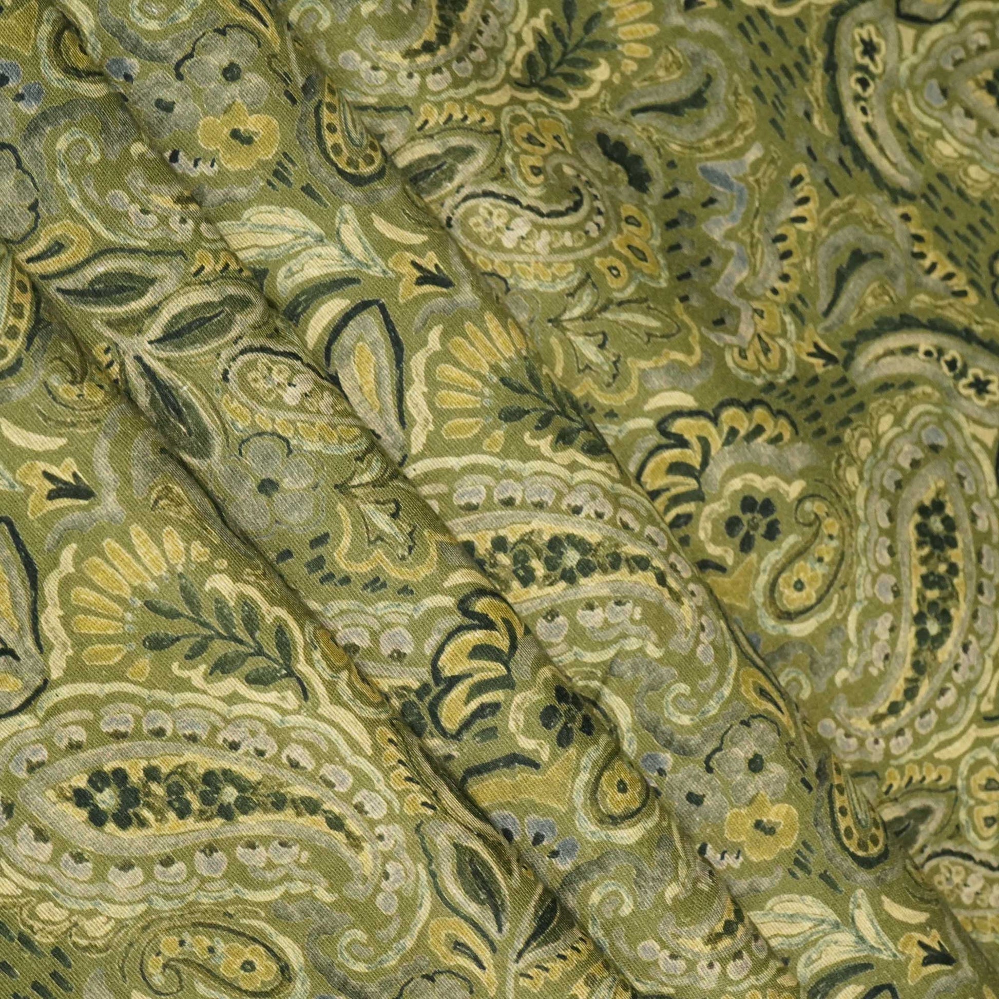Grey & Green Paisley Print Linen Fabric RM-25365