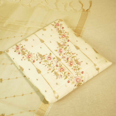 Off White With Embroidery (Top-Chanderi Silk,Bottom-Chanderi Silk,Dupatta-Organza) Suit Set Chanderi Silk Fabric SND-25378  