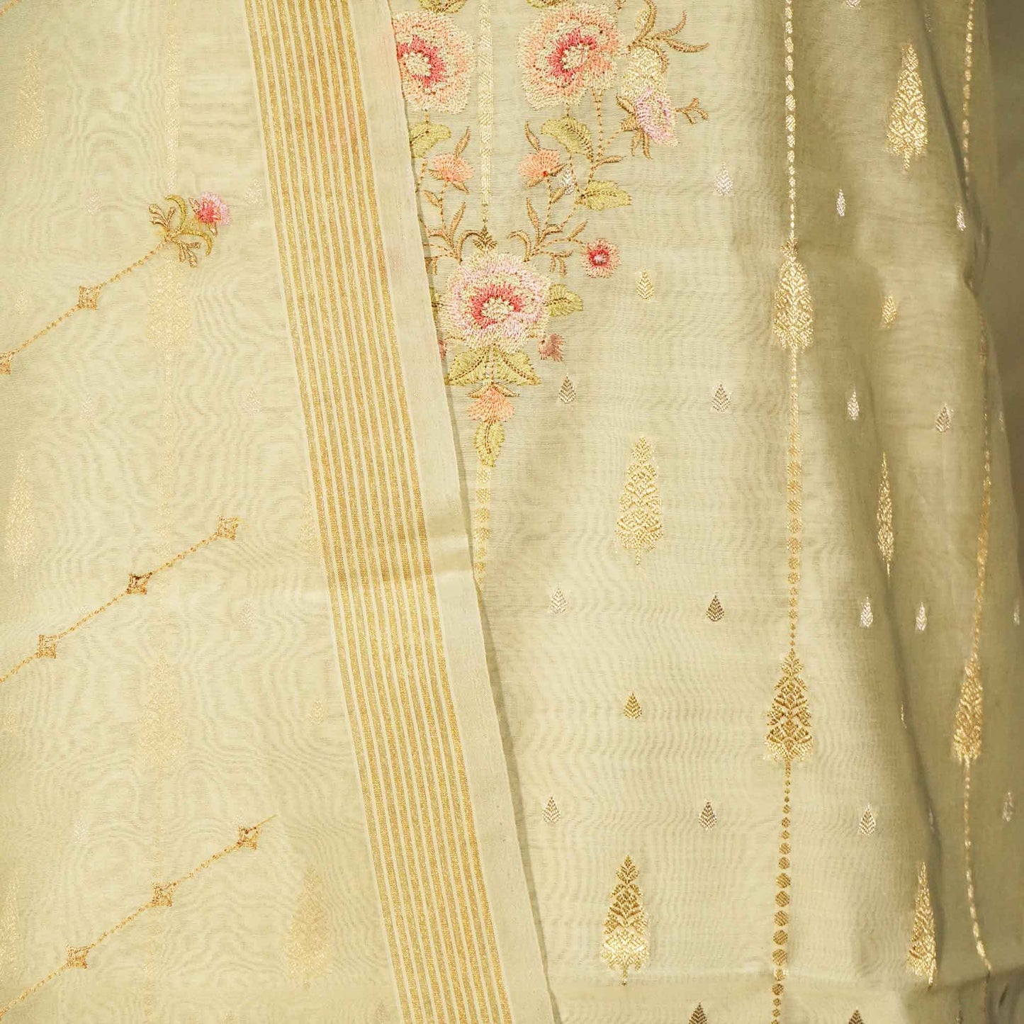 Off White With Embroidery (Top-Chanderi Silk,Bottom-Chanderi Silk,Dupatta-Organza) Suit Set Chanderi Silk Fabric SND-25378  
