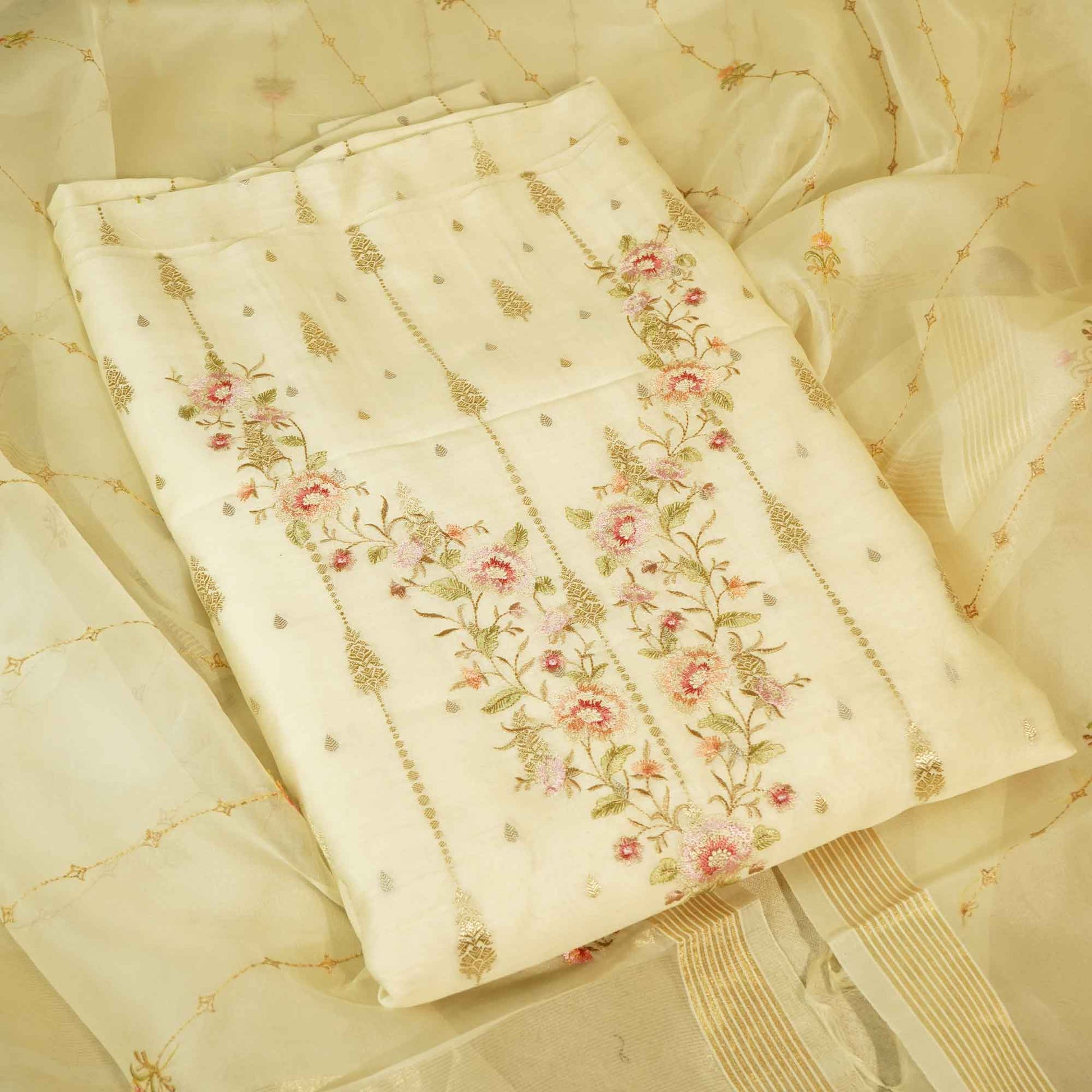 Off White With Embroidery (Top-Chanderi Silk,Bottom-Chanderi Silk,Dupatta-Organza) Suit Set Chanderi Silk Fabric SND-25378  