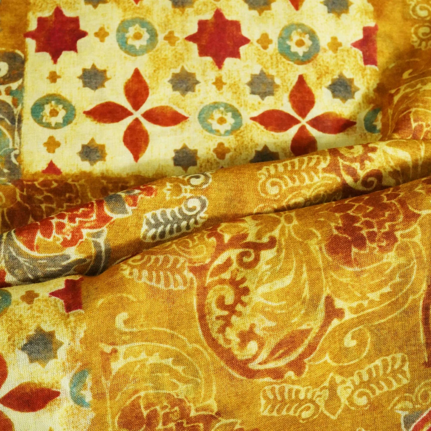 Mustard Yellow Floral Print Cotton Mulmul Fabric GT-25398