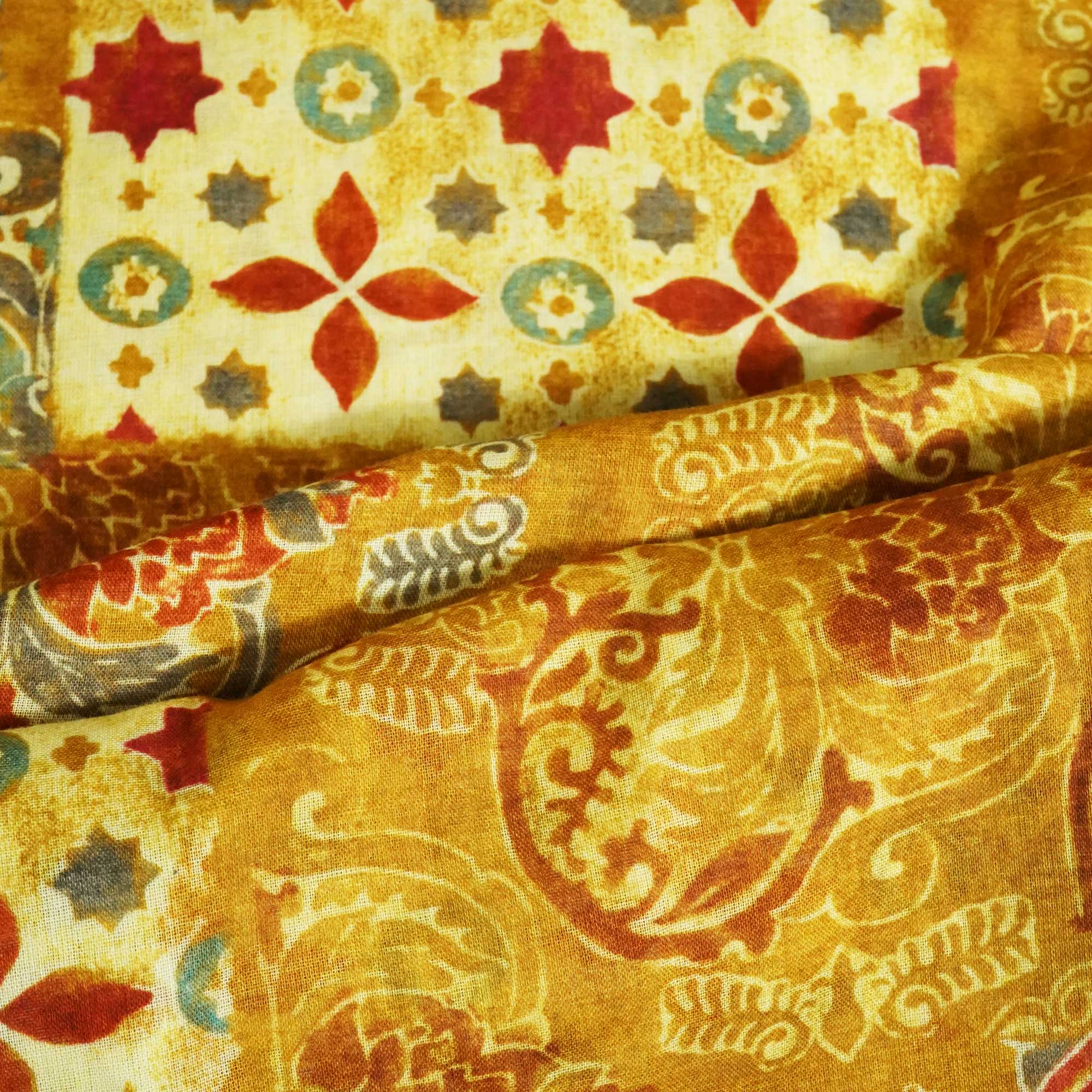 Mustard Yellow Floral Print Cotton Mulmul Fabric GT-25398