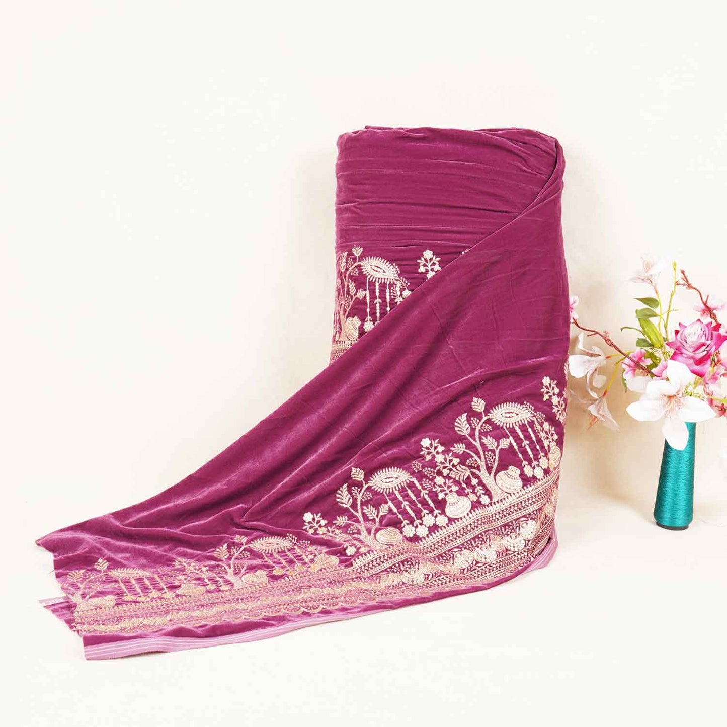 Pink Border Work Cutdana Velvet 9000 Fabric SC-28254