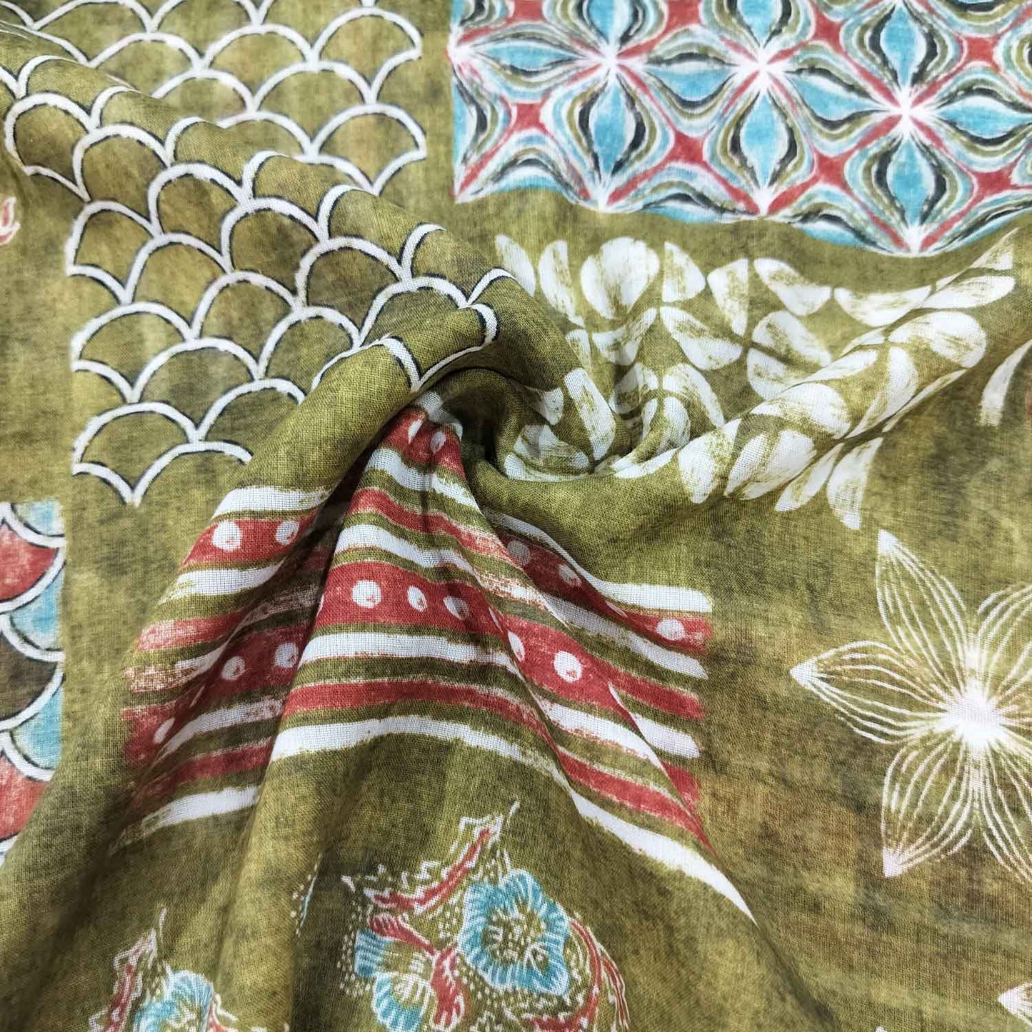 Green Floral Block Print Cotton Mulmul Fabric GT-25424