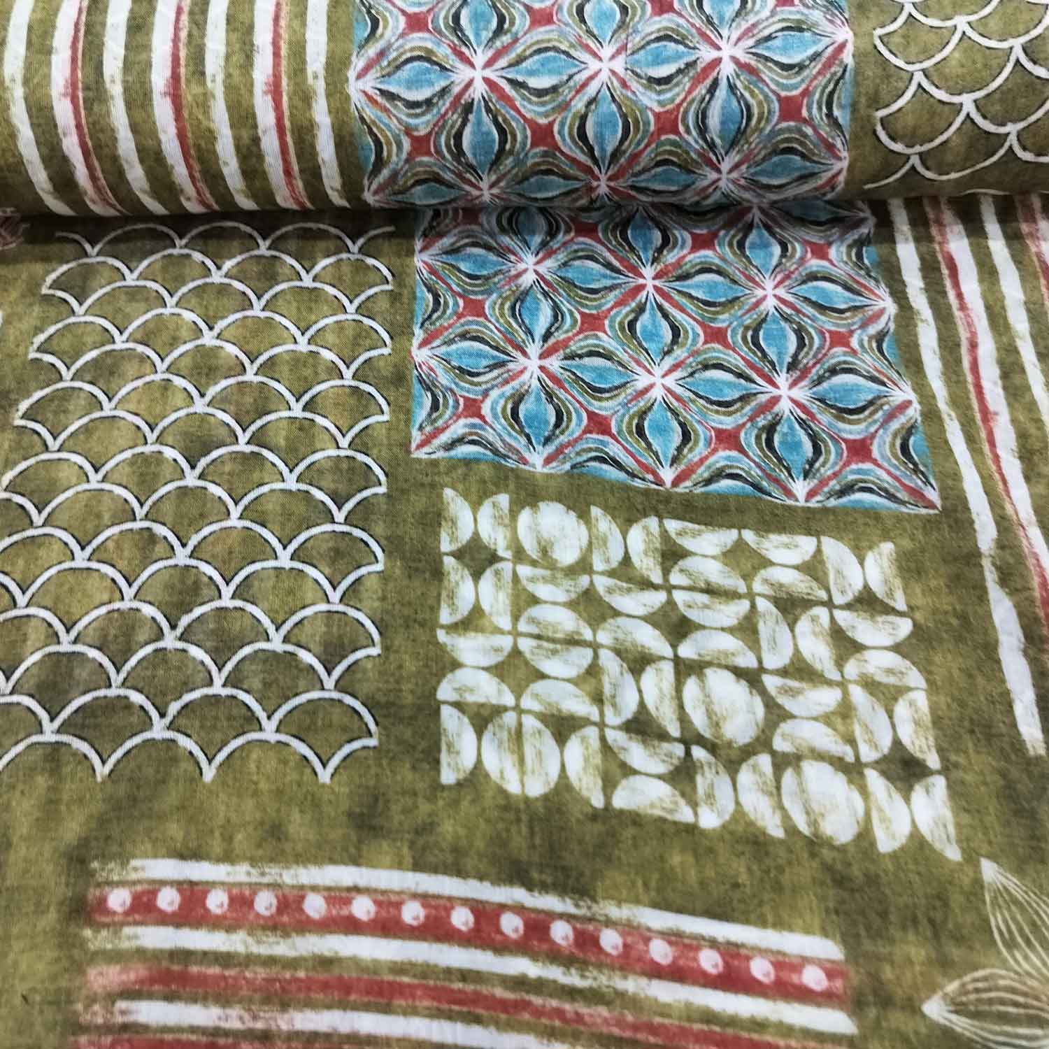 Green Floral Block Print Cotton Mulmul Fabric GT-25424