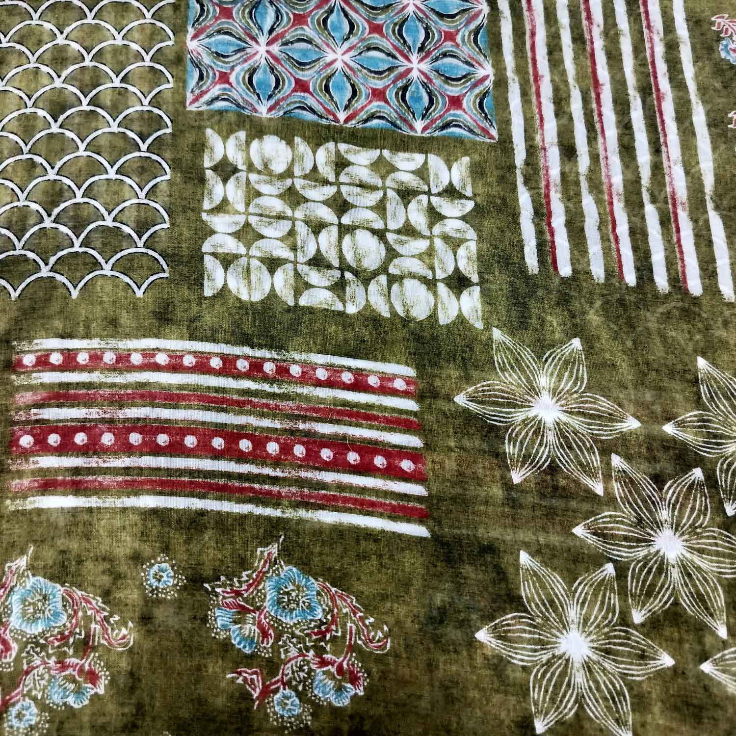 Green Floral Block Print Cotton Mulmul Fabric GT-25424