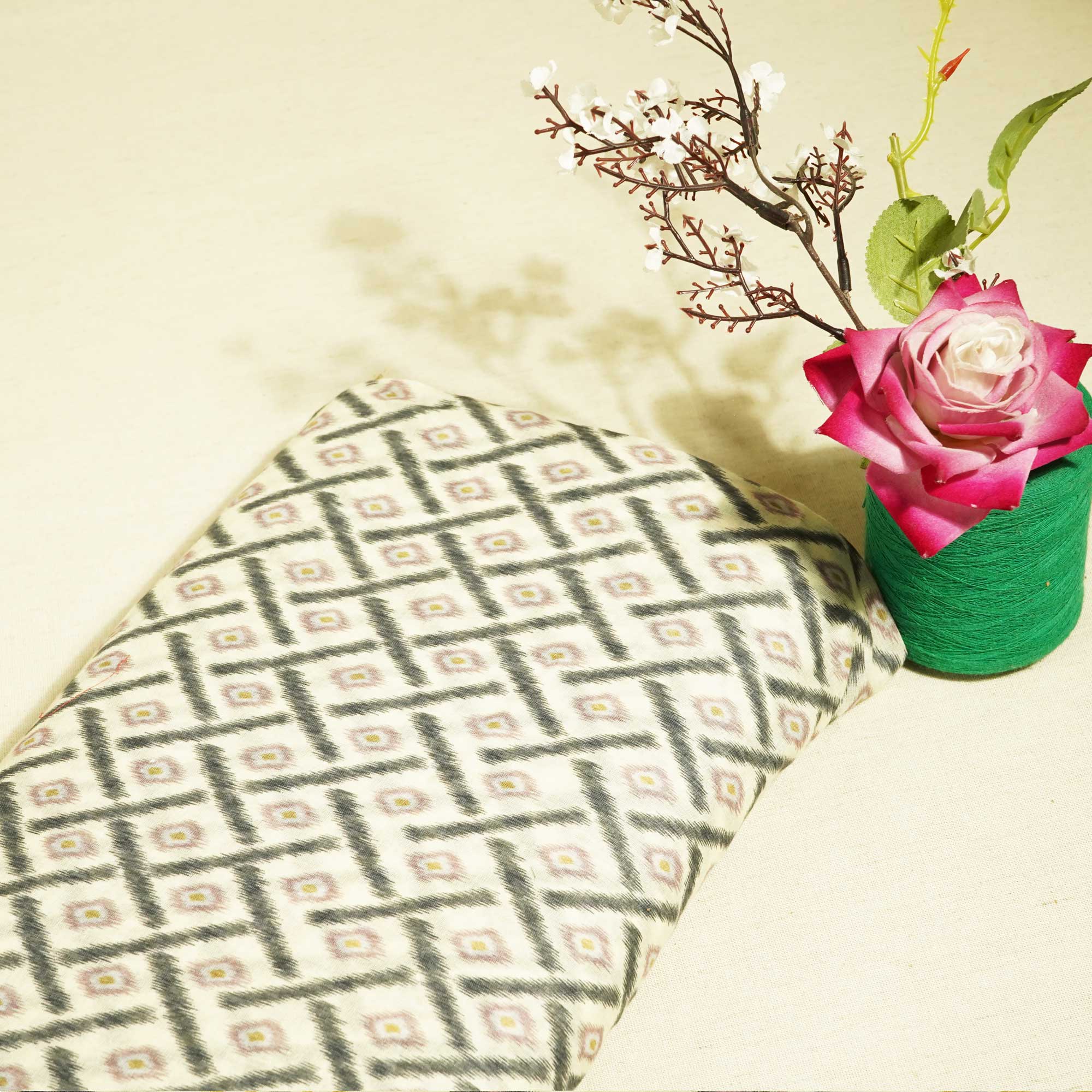 Cream and Geometrical Ikkat Print Cotton Mulmul Fabric GT-25436