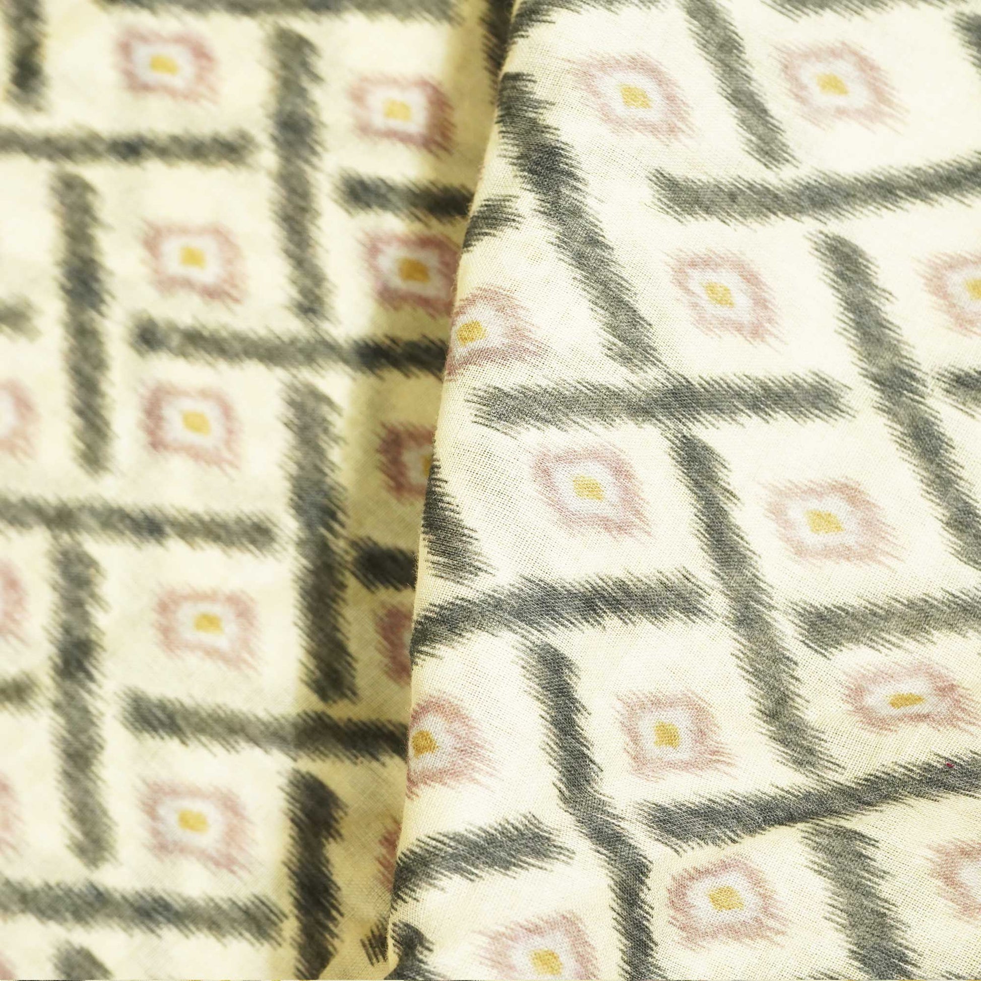Cream and Geometrical Ikkat Print Cotton Mulmul Fabric GT-25436