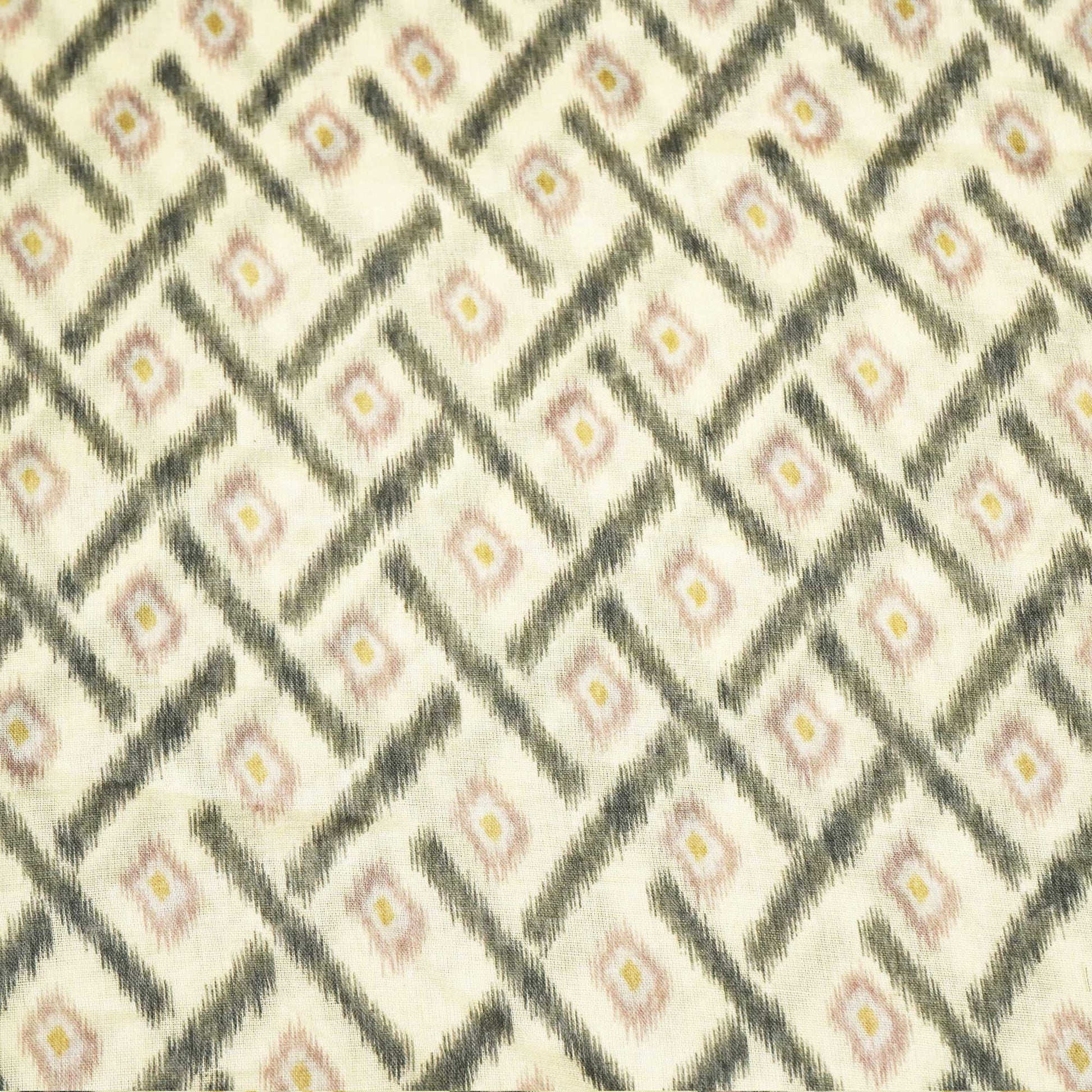 Cream and Geometrical Ikkat Print Cotton Mulmul Fabric GT-25436