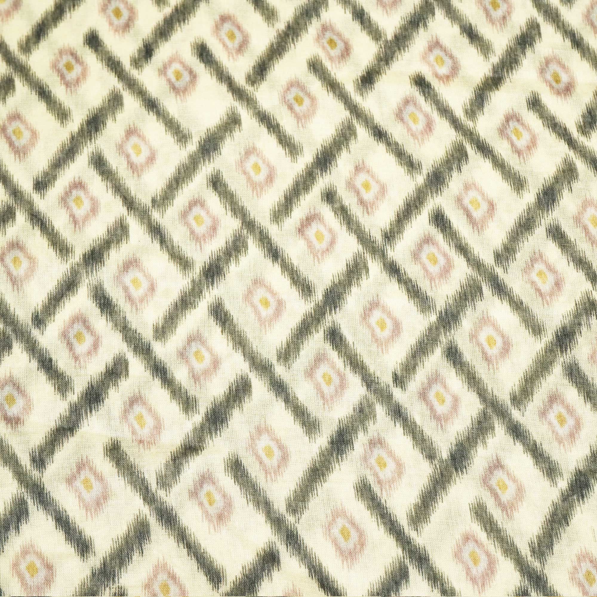 Cream and Geometrical Ikkat Print Cotton Mulmul Fabric GT-25436