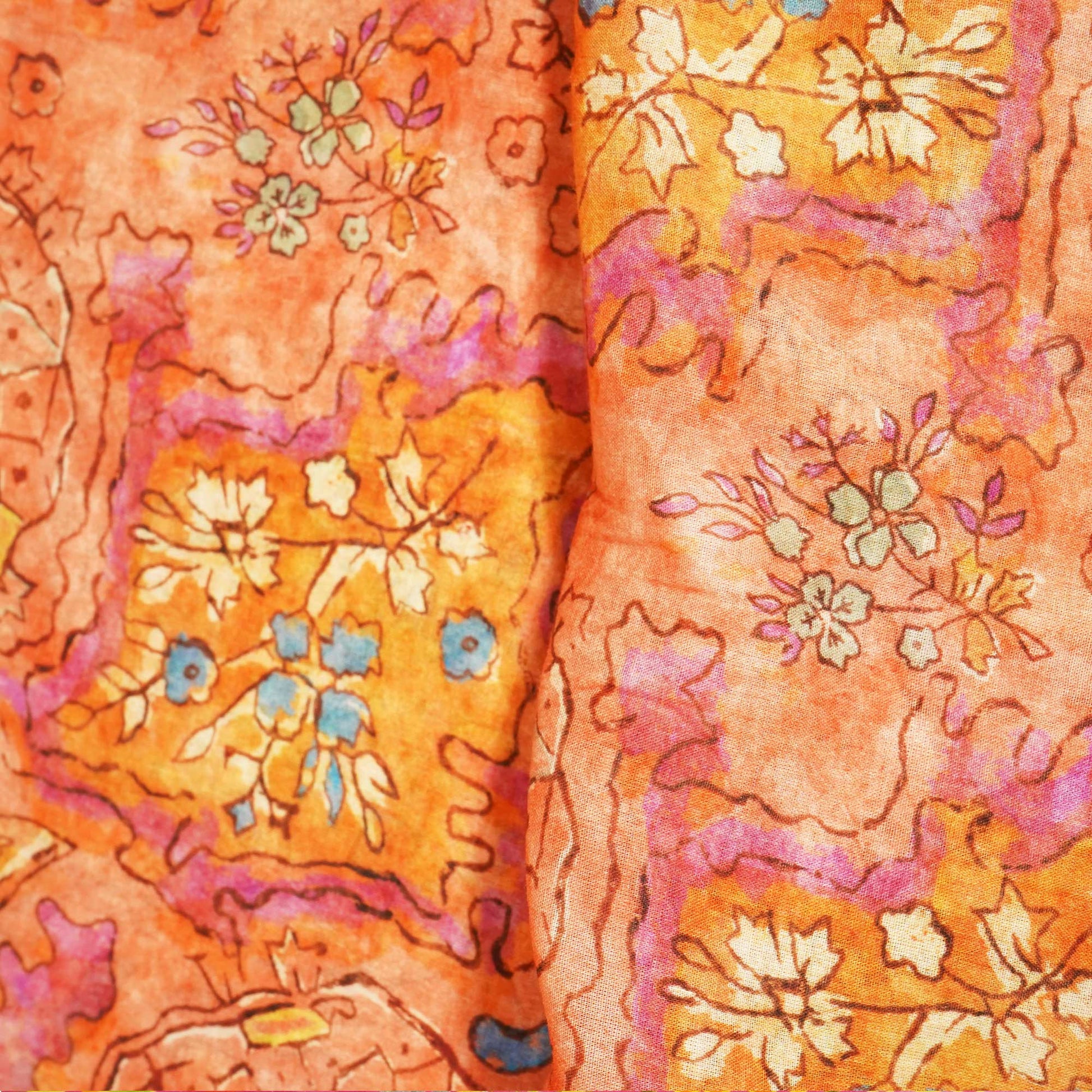 Orange & Multicolor Floral Print Cotton Mulmul Fabric GT-25439