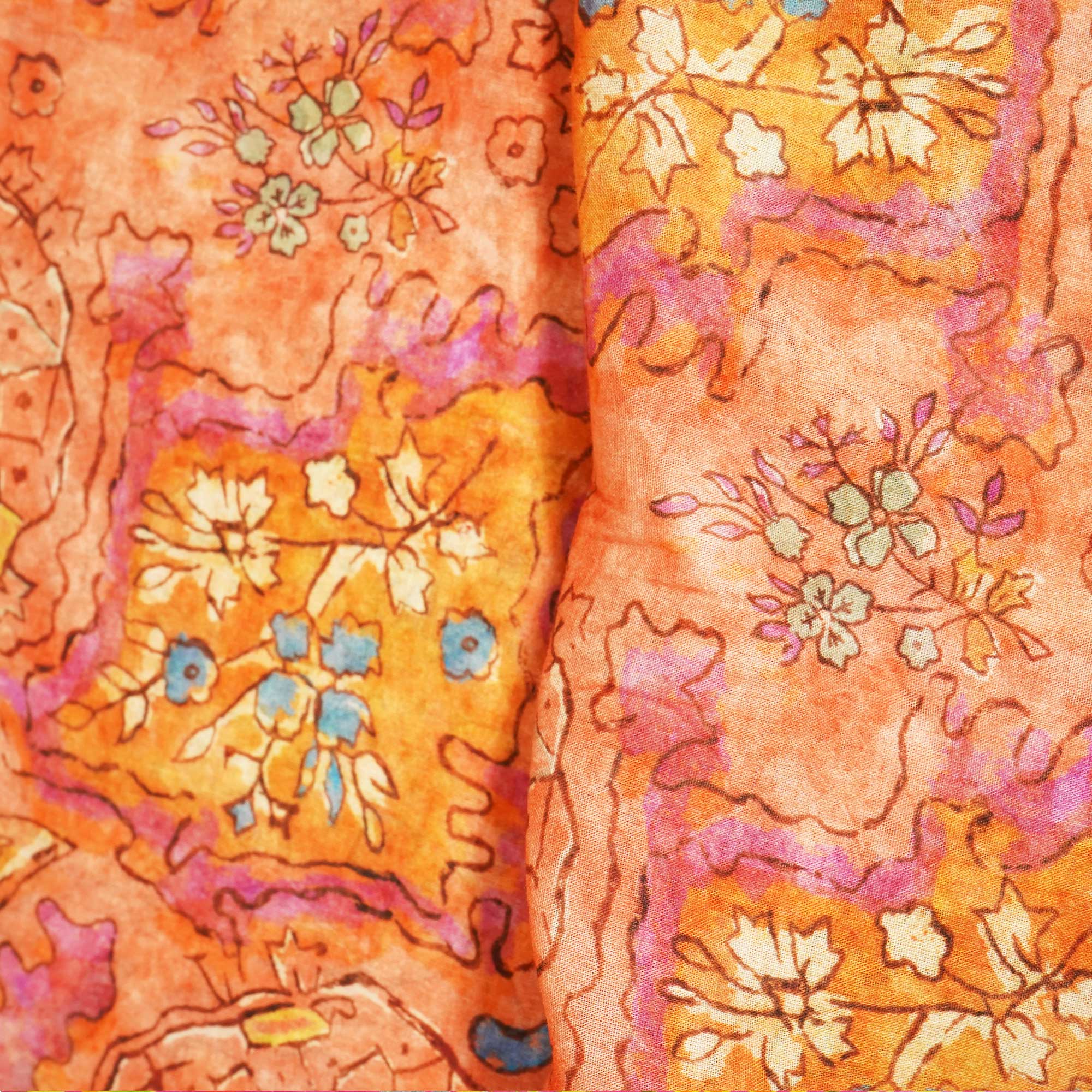 Orange & Multicolor Floral Print Cotton Mulmul Fabric GT-25439