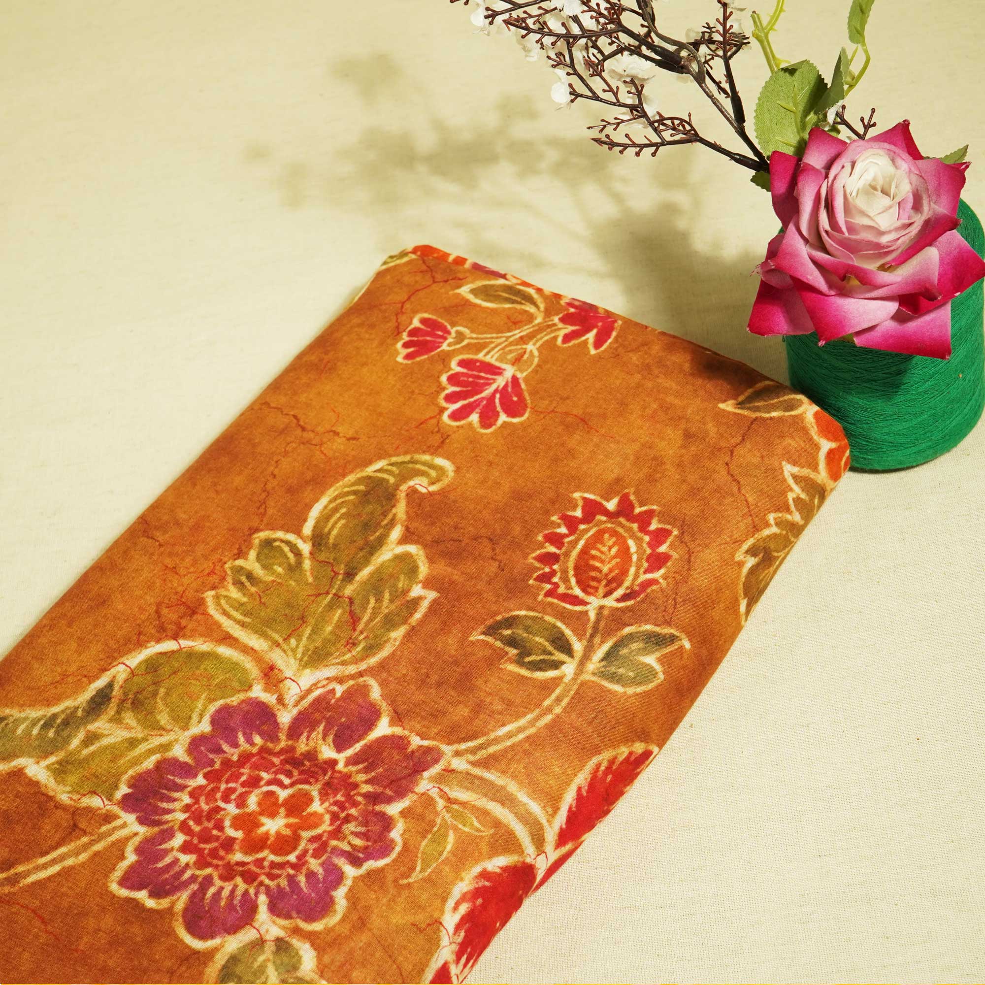 Brown Floral Print Cotton Mulmul Fabric GT-25442