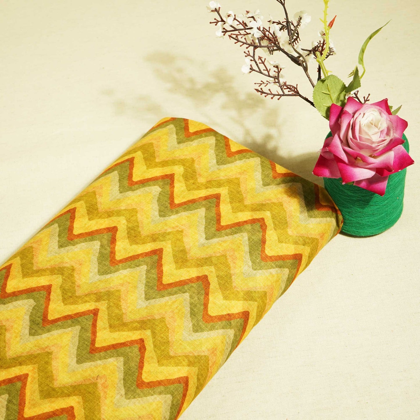 Green & Multicolor Chevron Print Cotton Mulmul Fabric GT-25449