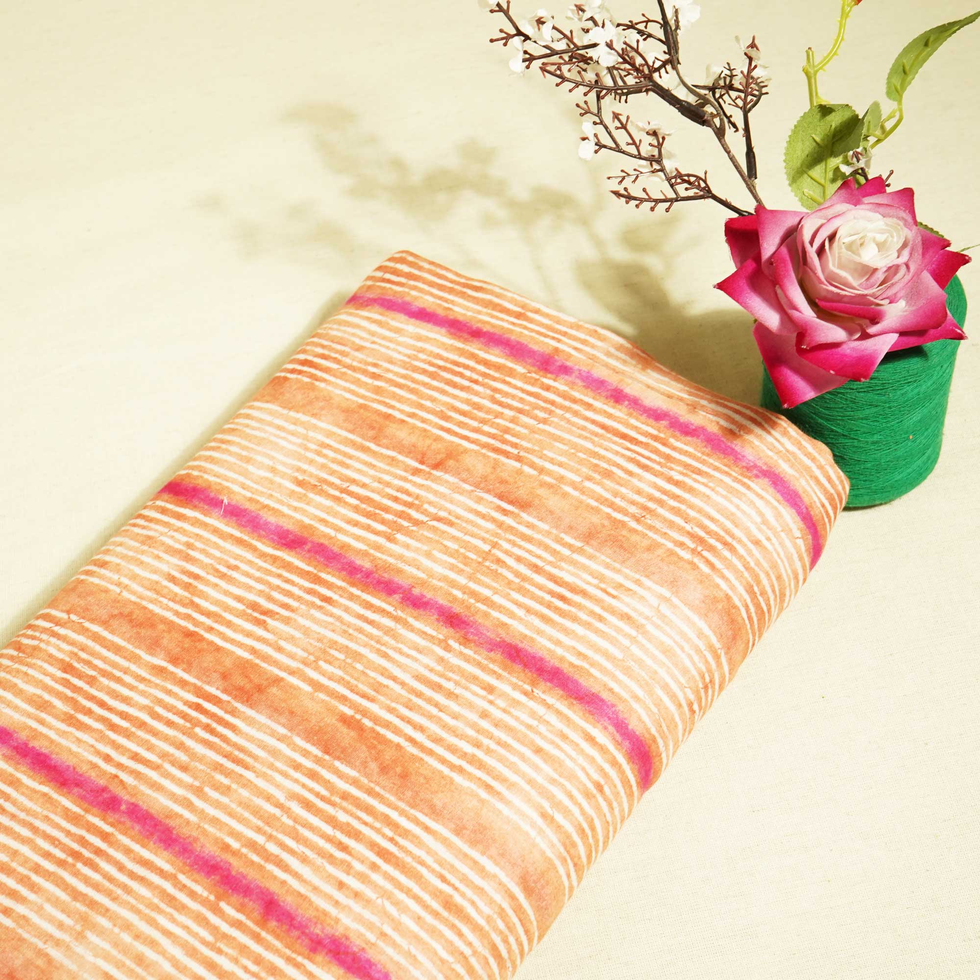 Orange & Multicolor Stripes Print Cotton Mulmul Fabric GT-25463