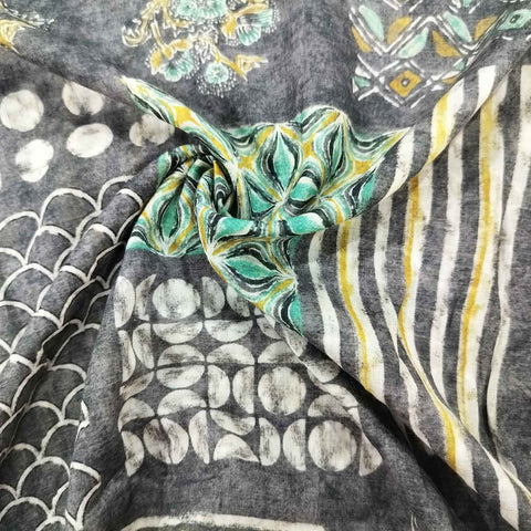 Dark Grey Floral Print Cotton Mulmul Fabric GT-25464