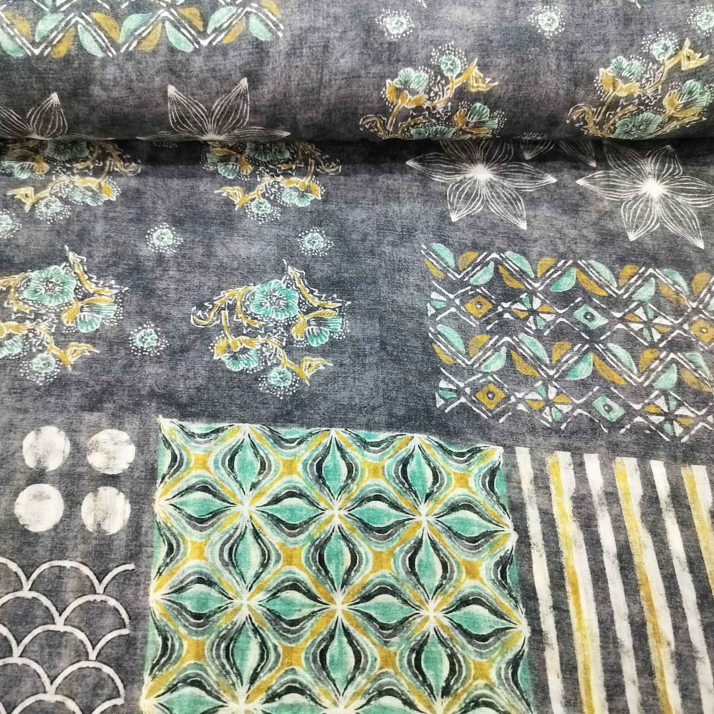 Dark Grey Floral Print Cotton Mulmul Fabric GT-25464