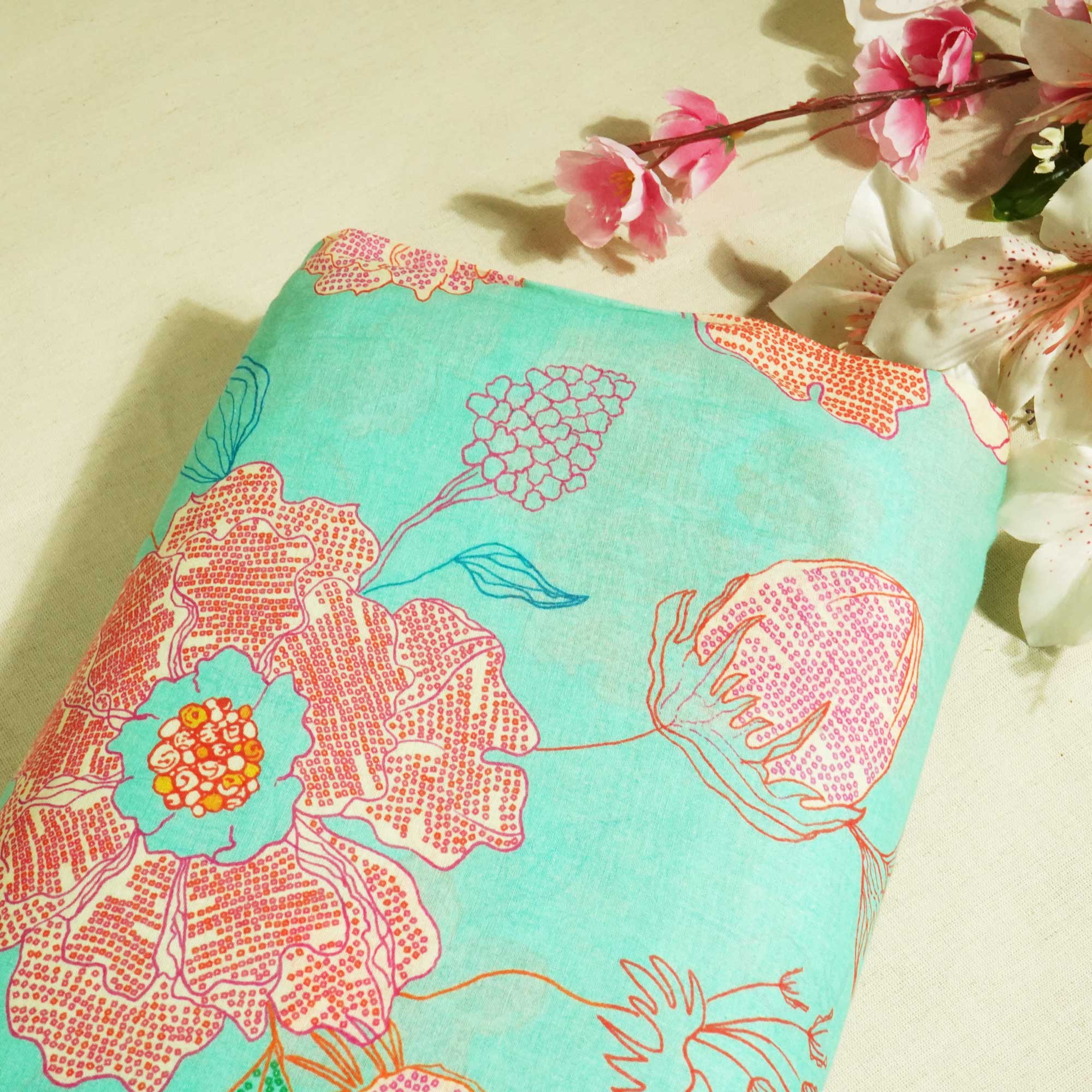 Sea Green Floral Print Cotton Mulmul Fabric GT-25471