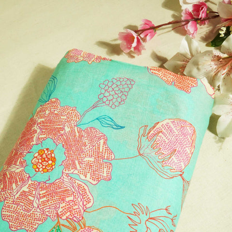 Sea Green Floral Print Cotton Mulmul Fabric GT-25471