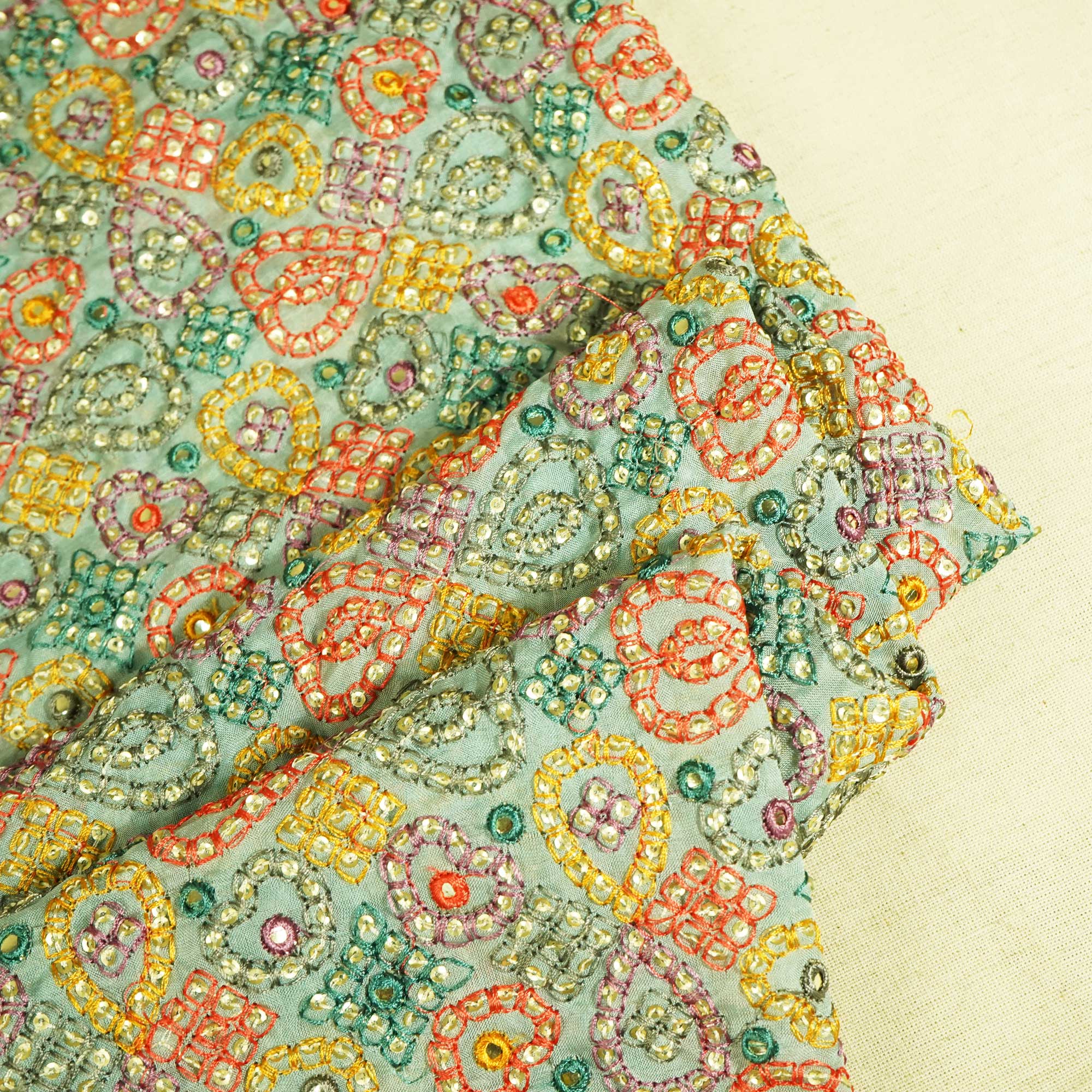 Sea Green Thread Sequins Embroidery Organza Fabric WI-25473