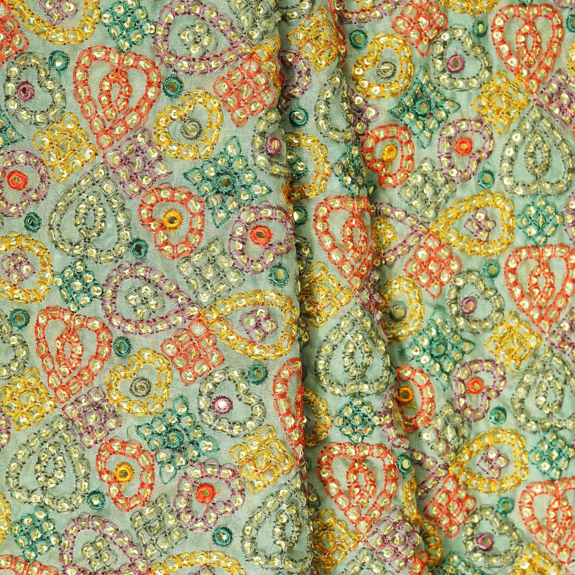 Sea Green Thread Sequins Embroidery Organza Fabric WI-25473