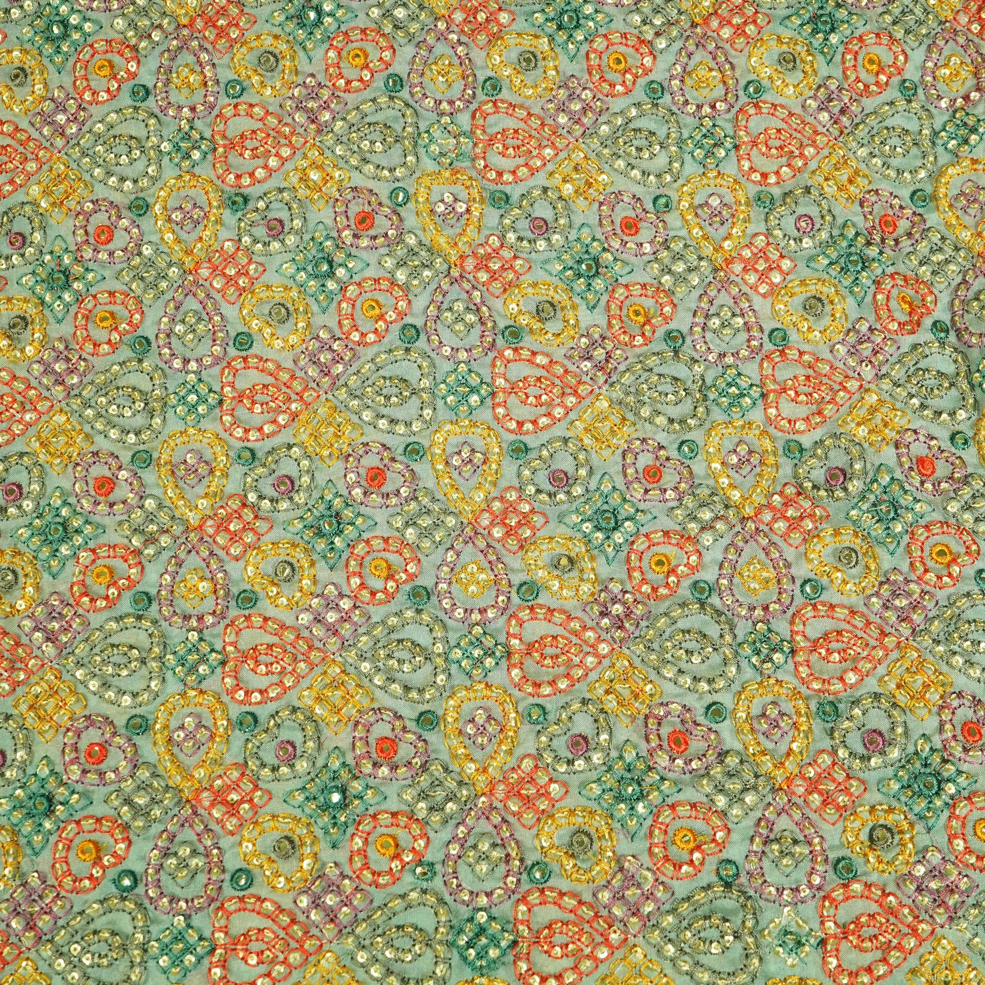 Sea Green Thread Sequins Embroidery Organza Fabric WI-25473