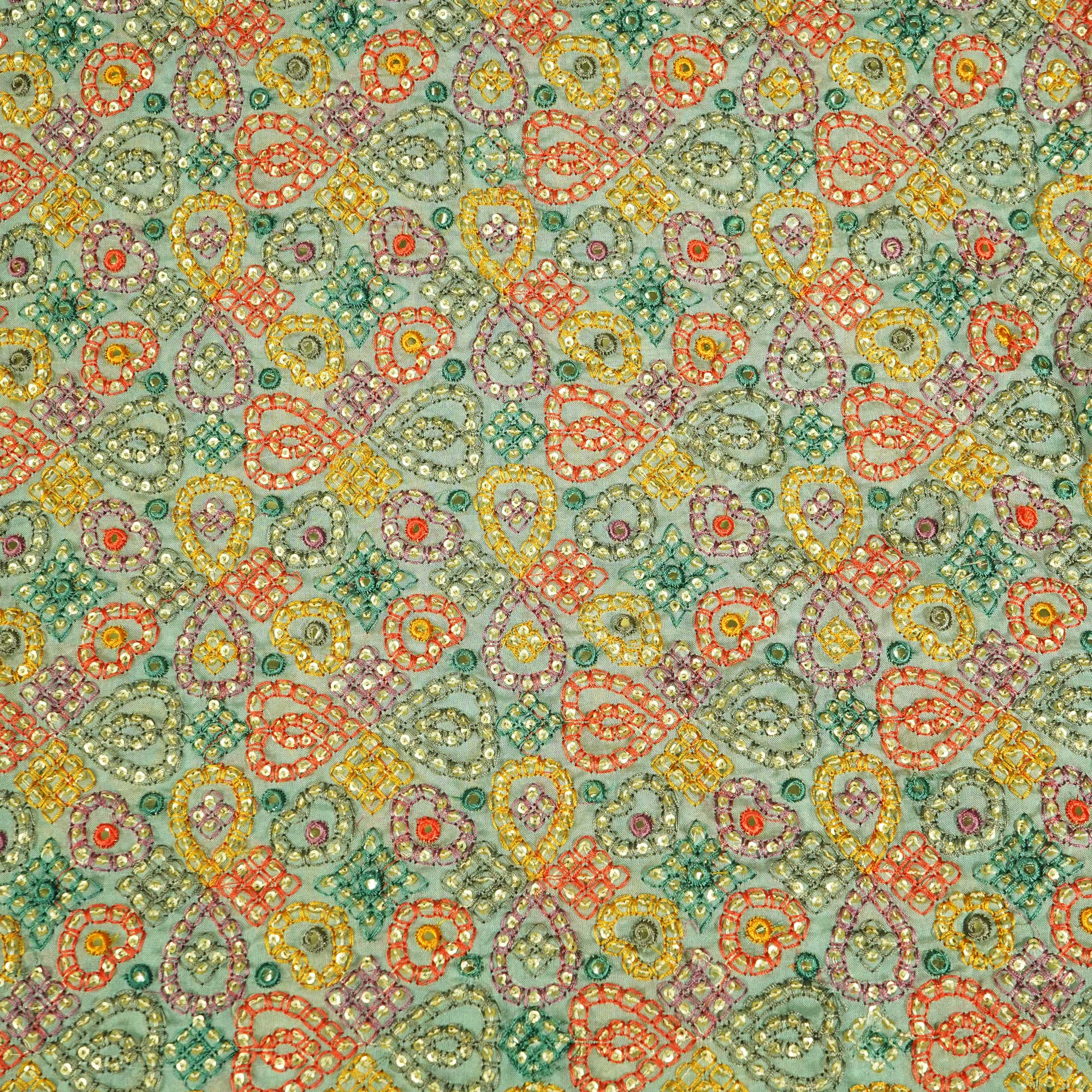 Sea Green Thread Sequins Embroidery Organza Fabric WI-25473