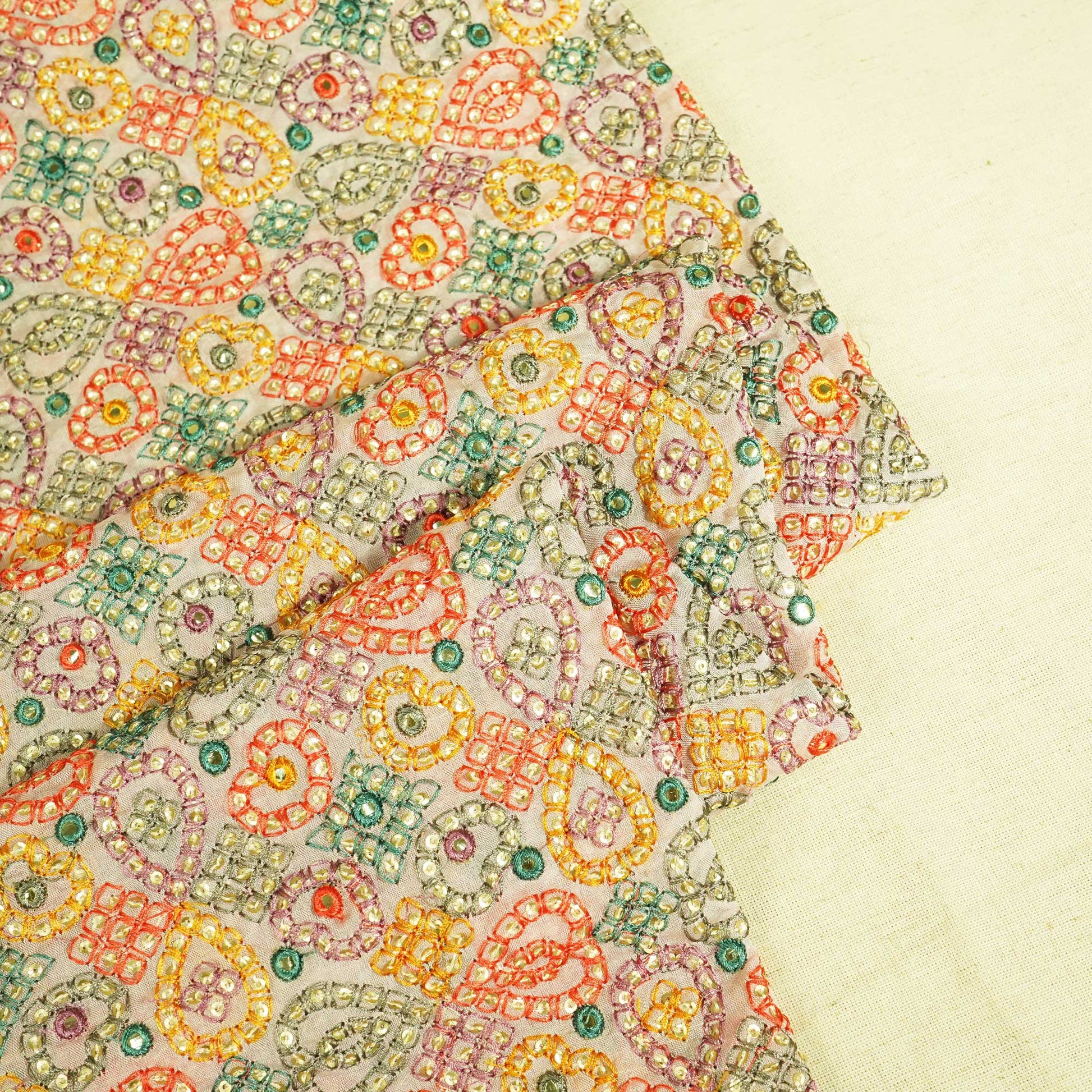 Peach Pink Thread Sequins Embroidery Organza Fabric WI-25474