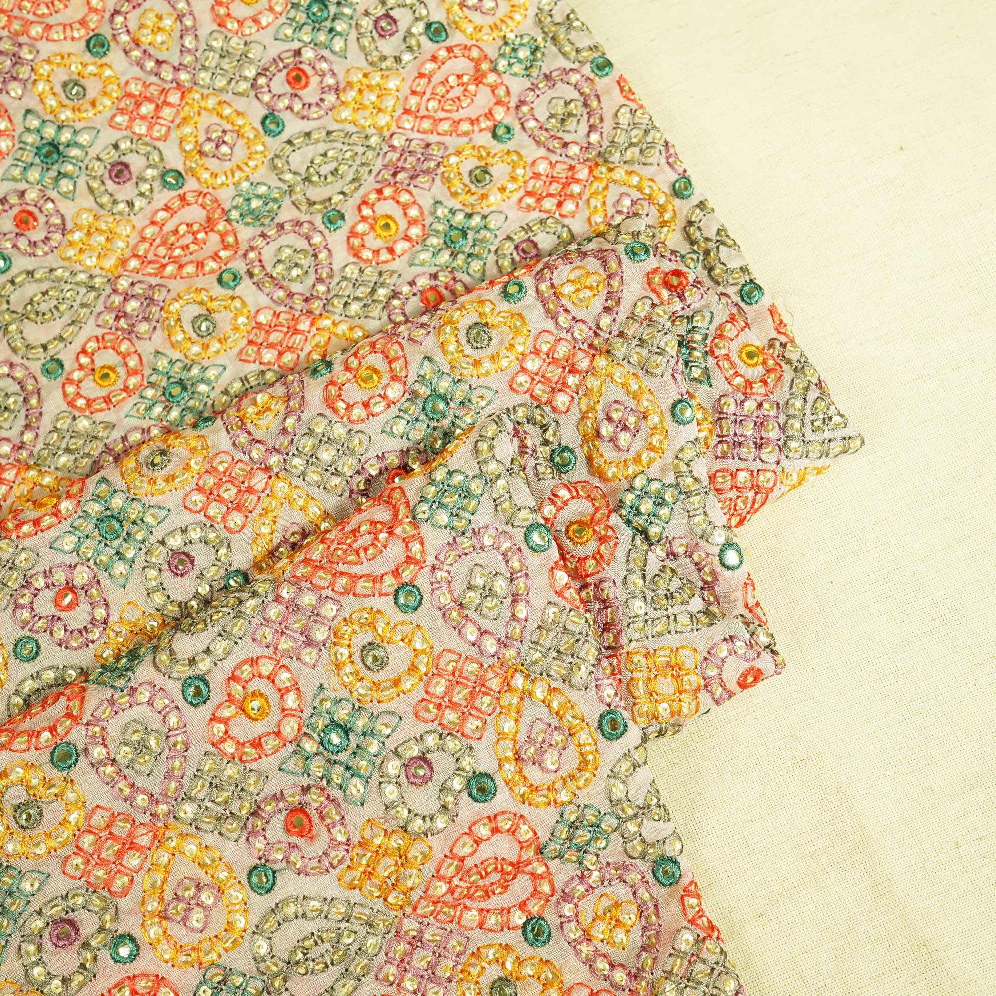 Peach Pink Thread Sequins Embroidery Organza Fabric WI-25474
