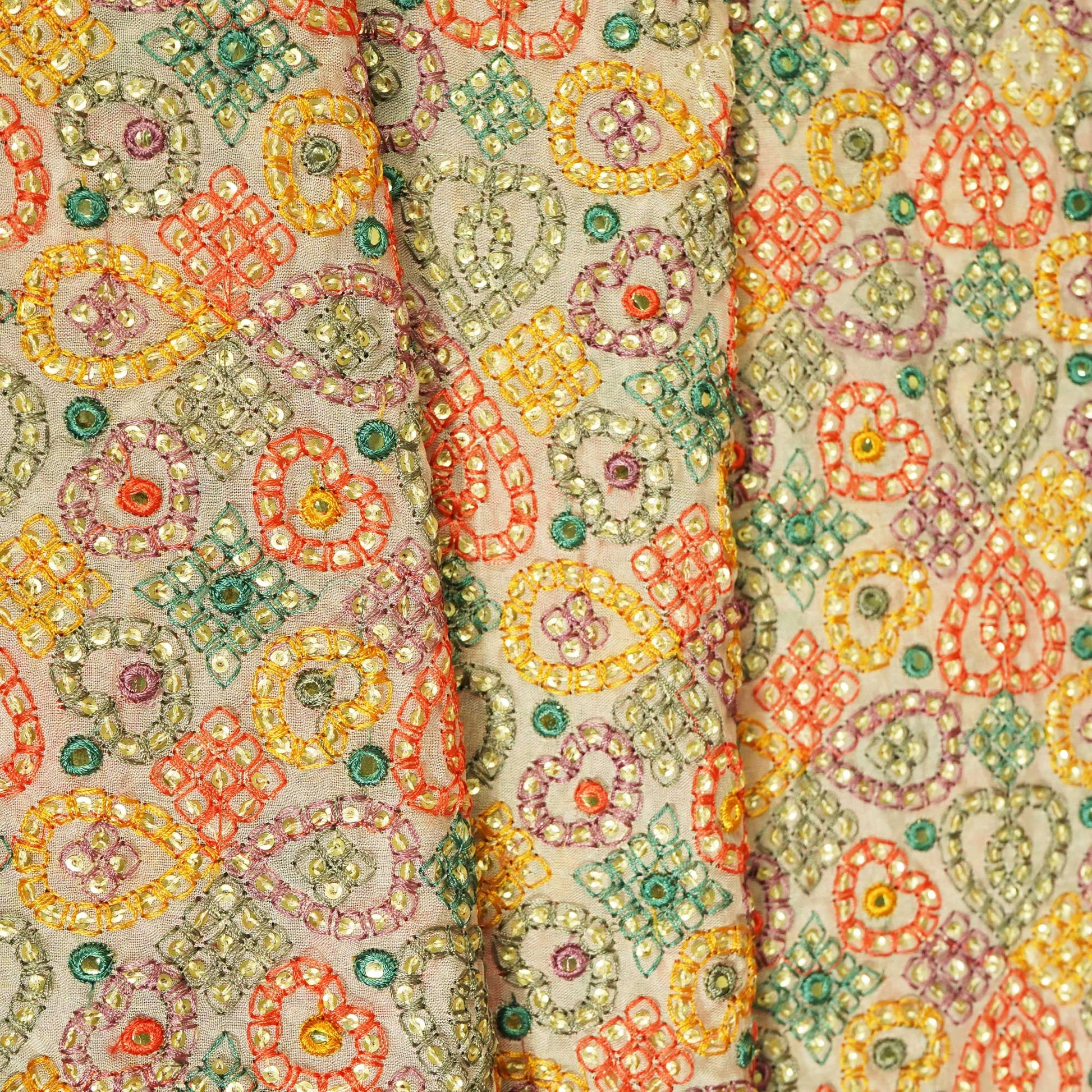 Peach Pink Thread Sequins Embroidery Organza Fabric WI-25474