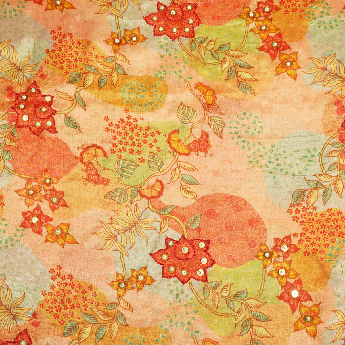 Peach Pink Floral Cutdana Embroidery Satin Chiffon Fabric GT-25476