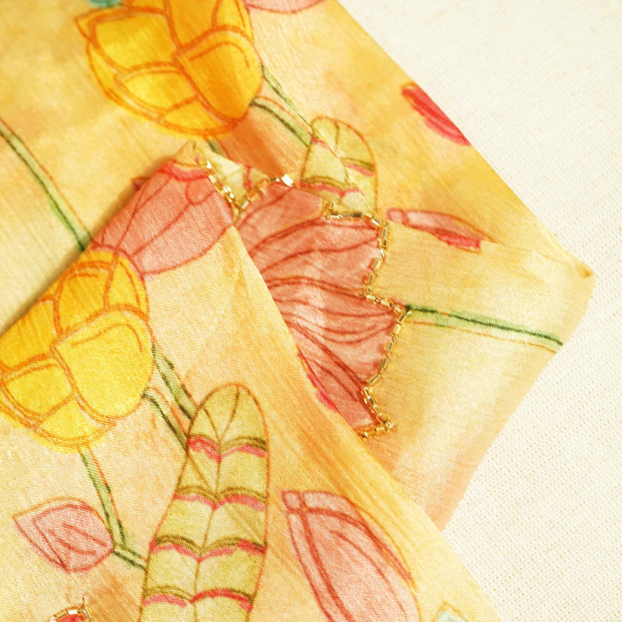 Yellow Multicolor Floral Cutdana Mirror Embroidery Satin Chiffon Fabric GT-25477