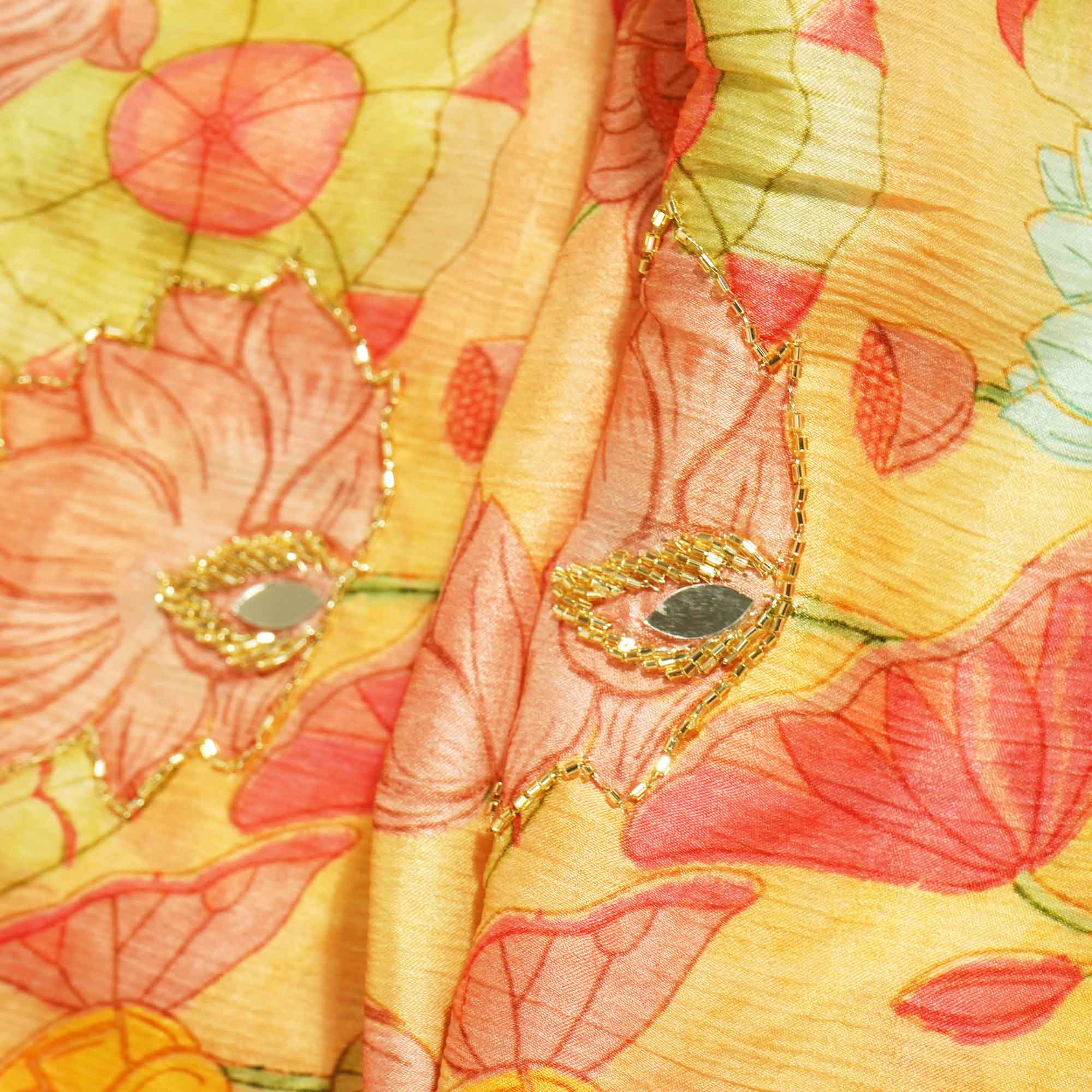 Yellow Multicolor Floral Cutdana Mirror Embroidery Satin Chiffon Fabric GT-25477