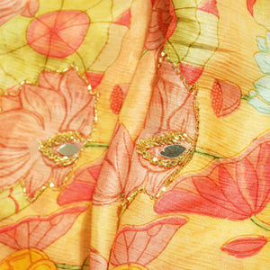 Yellow Multicolor Floral Cutdana Mirror Embroidery Satin Chiffon Fabric GT-25477