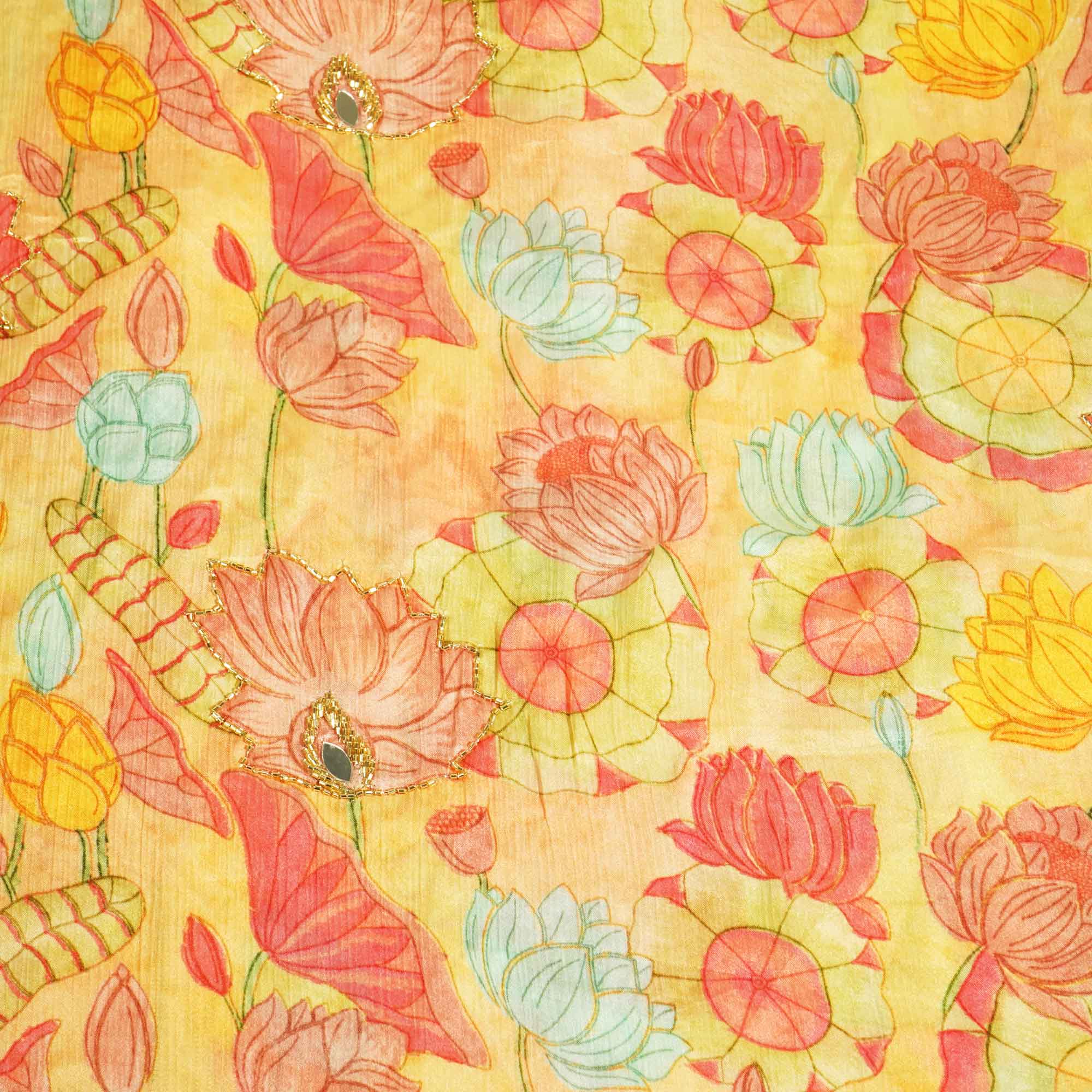 Yellow Multicolor Floral Cutdana Mirror Embroidery Satin Chiffon Fabric GT-25477