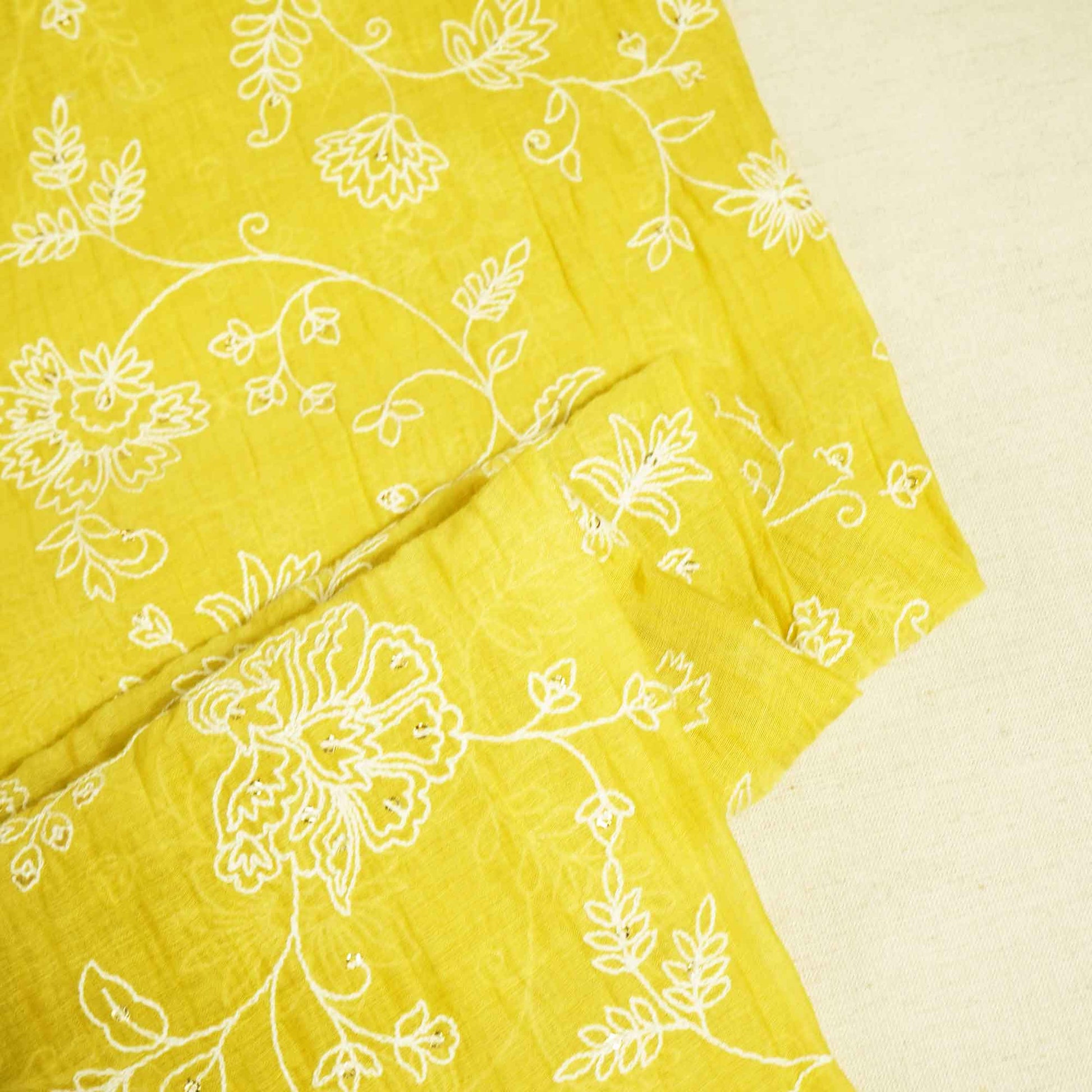 Lemon Green Floral Sequins Embroidery Chanderi Fabric GT-25480