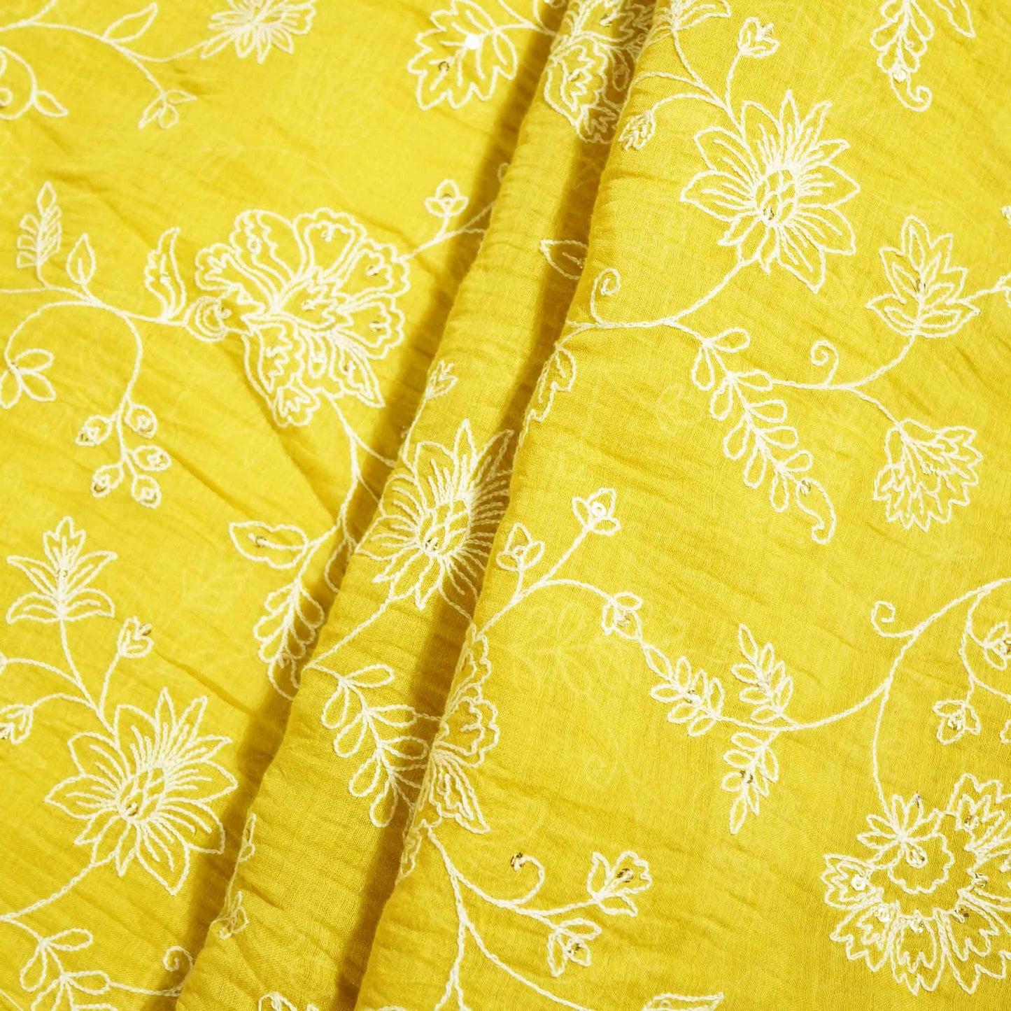 Lemon Green Floral Sequins Embroidery Chanderi Fabric GT-25480
