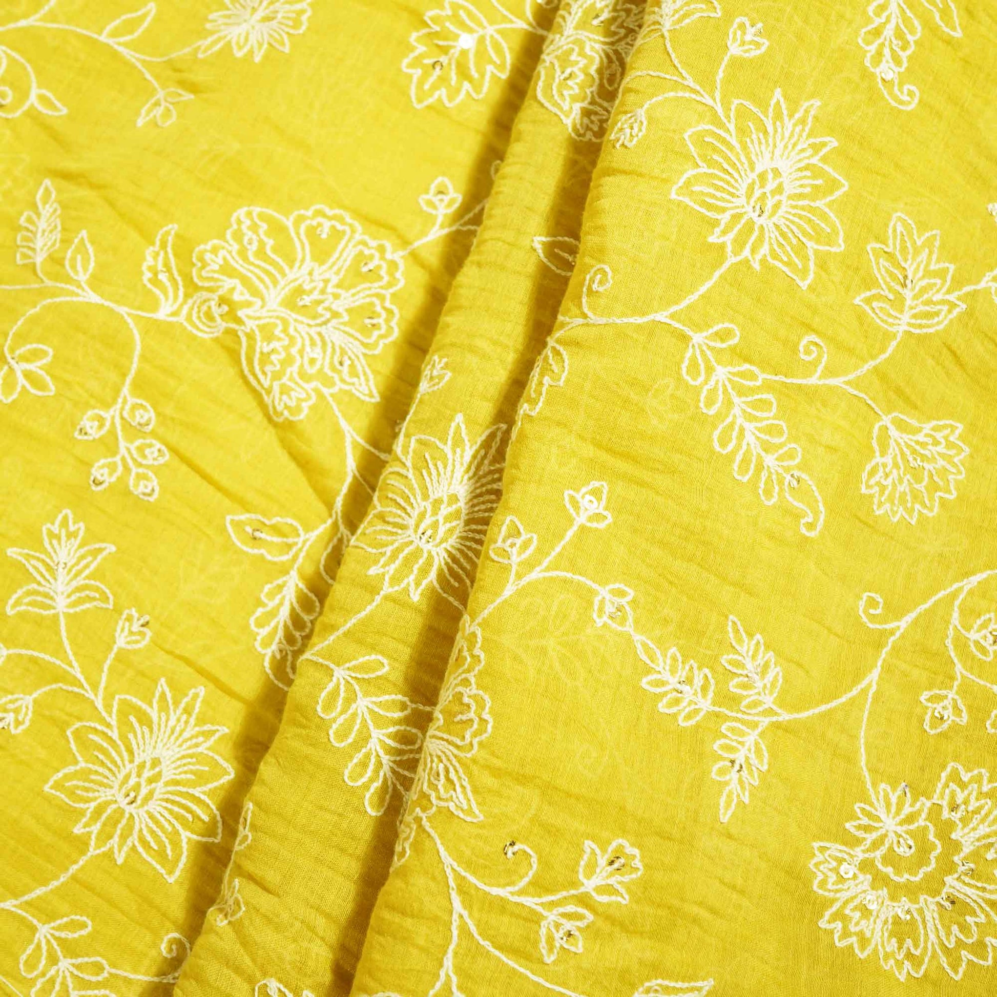 Lemon Green Floral Sequins Embroidery Chanderi Fabric GT-25480