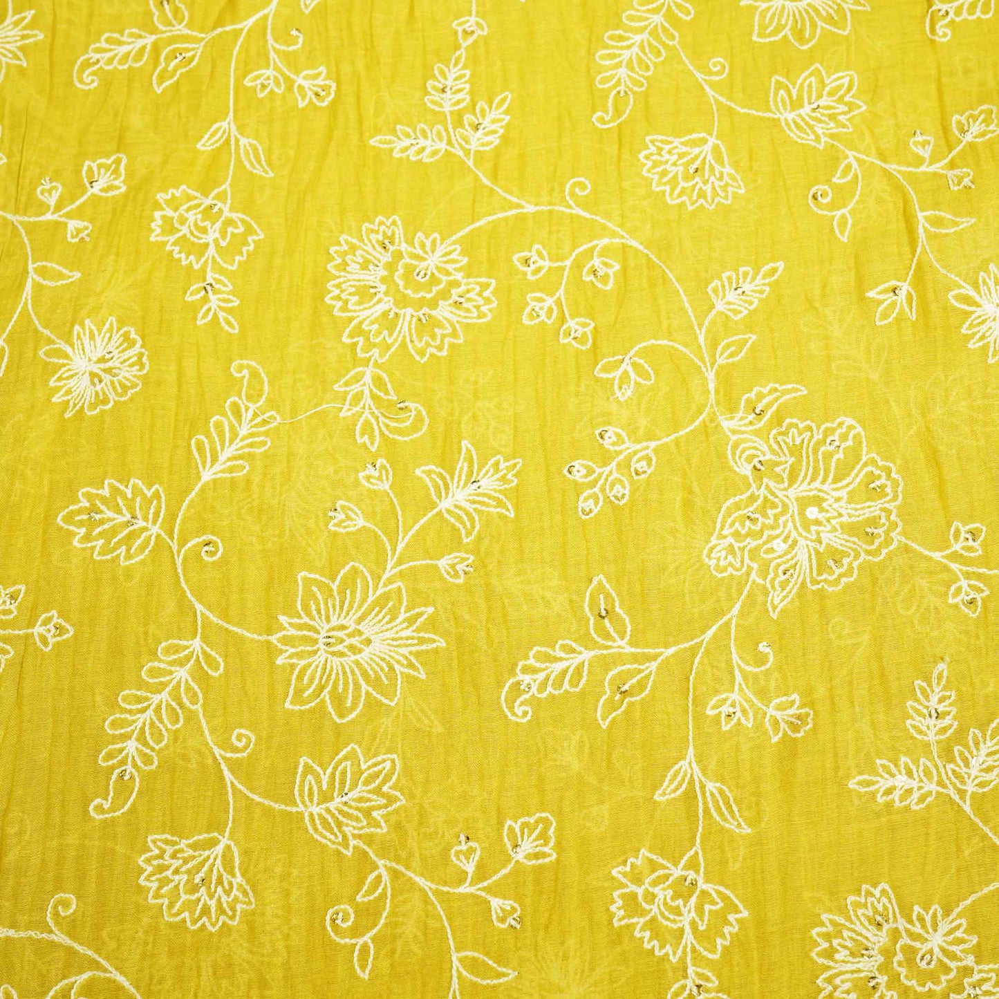 Lemon Green Floral Sequins Embroidery Chanderi Fabric GT-25480