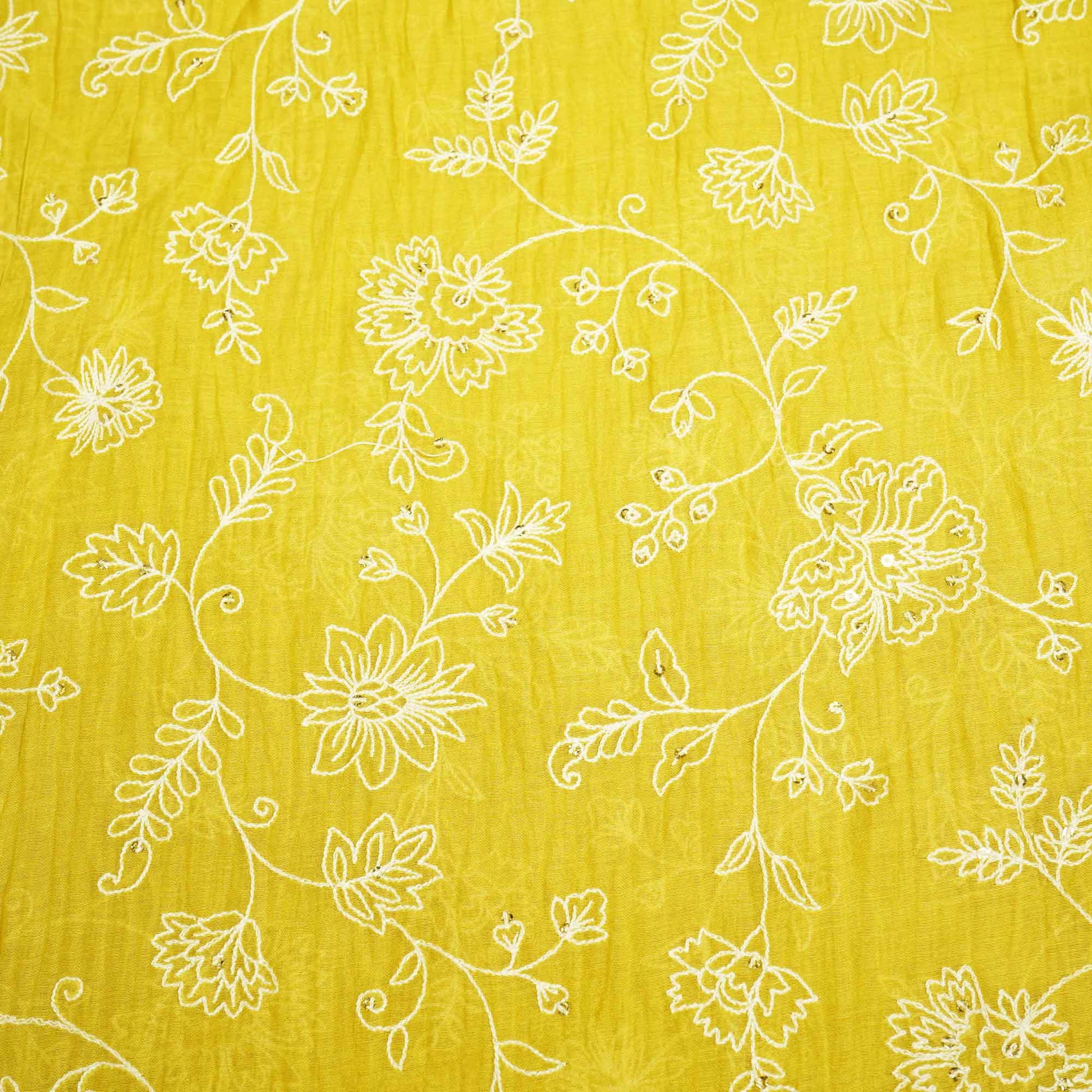 Lemon Green Floral Sequins Embroidery Chanderi Fabric GT-25480