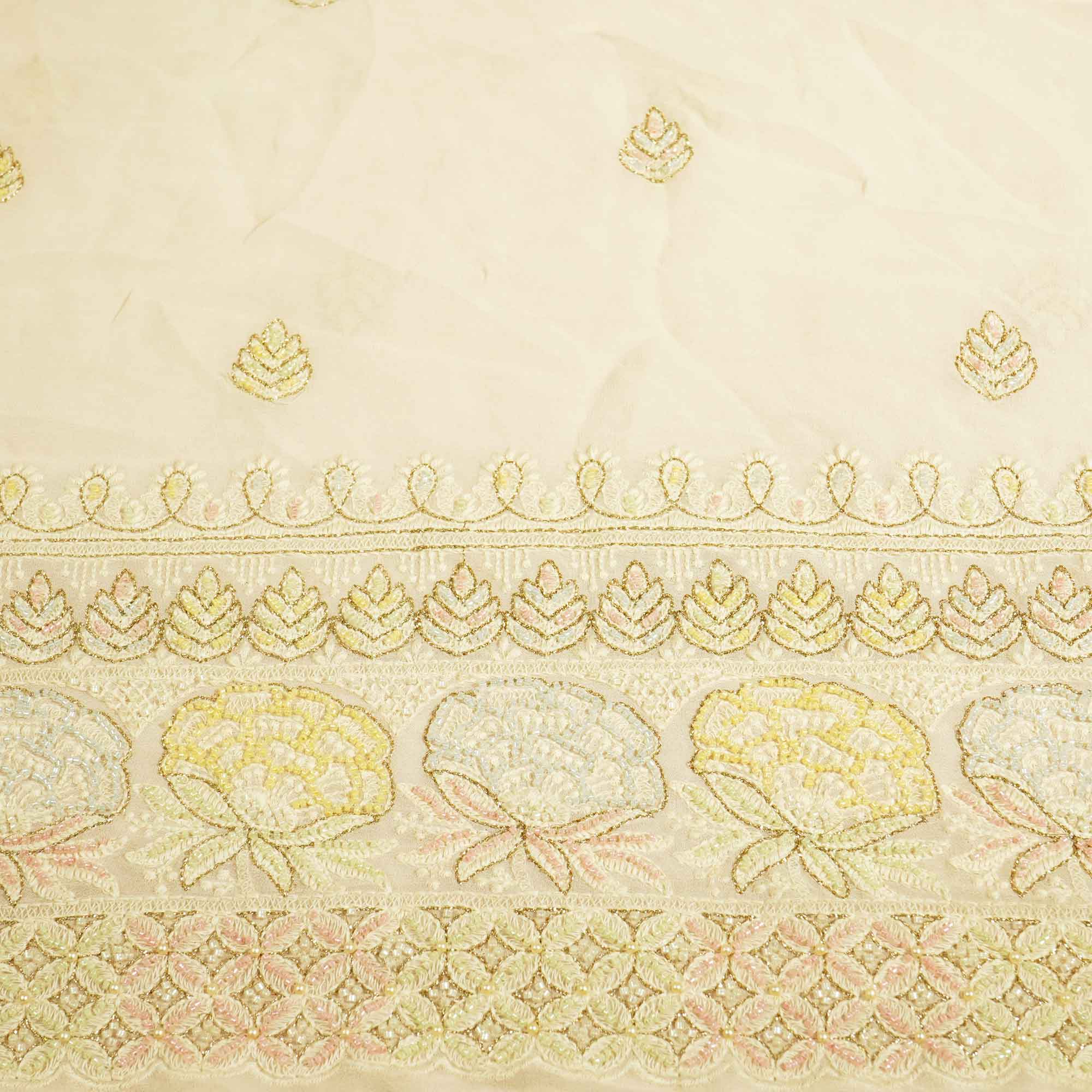 Peach Floral Multicolor Cutdana Embroidery Georgette Fabric GT-25481