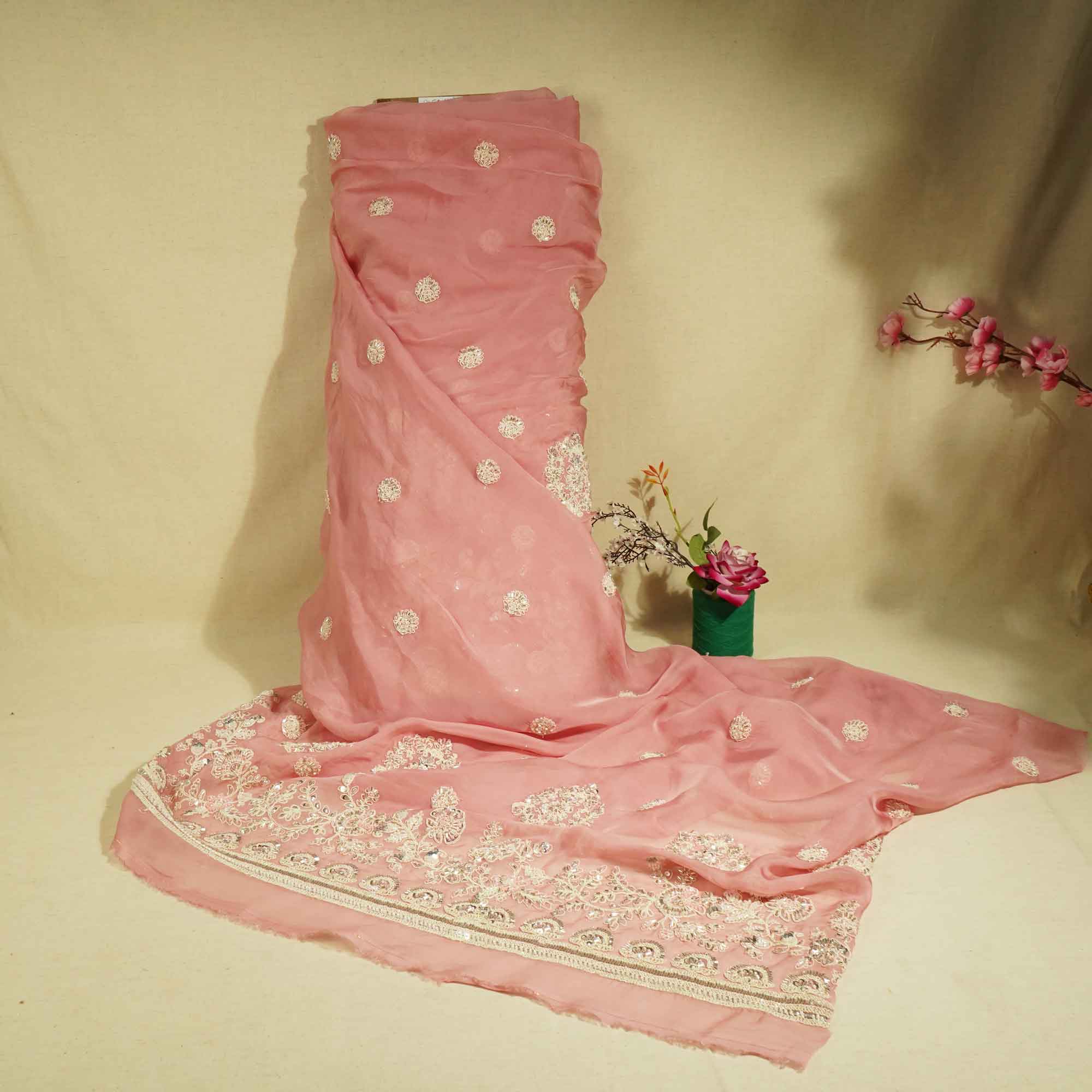 Pink Floral Cutdana & Sequins Embroidery Organza Fabric GT-25487
