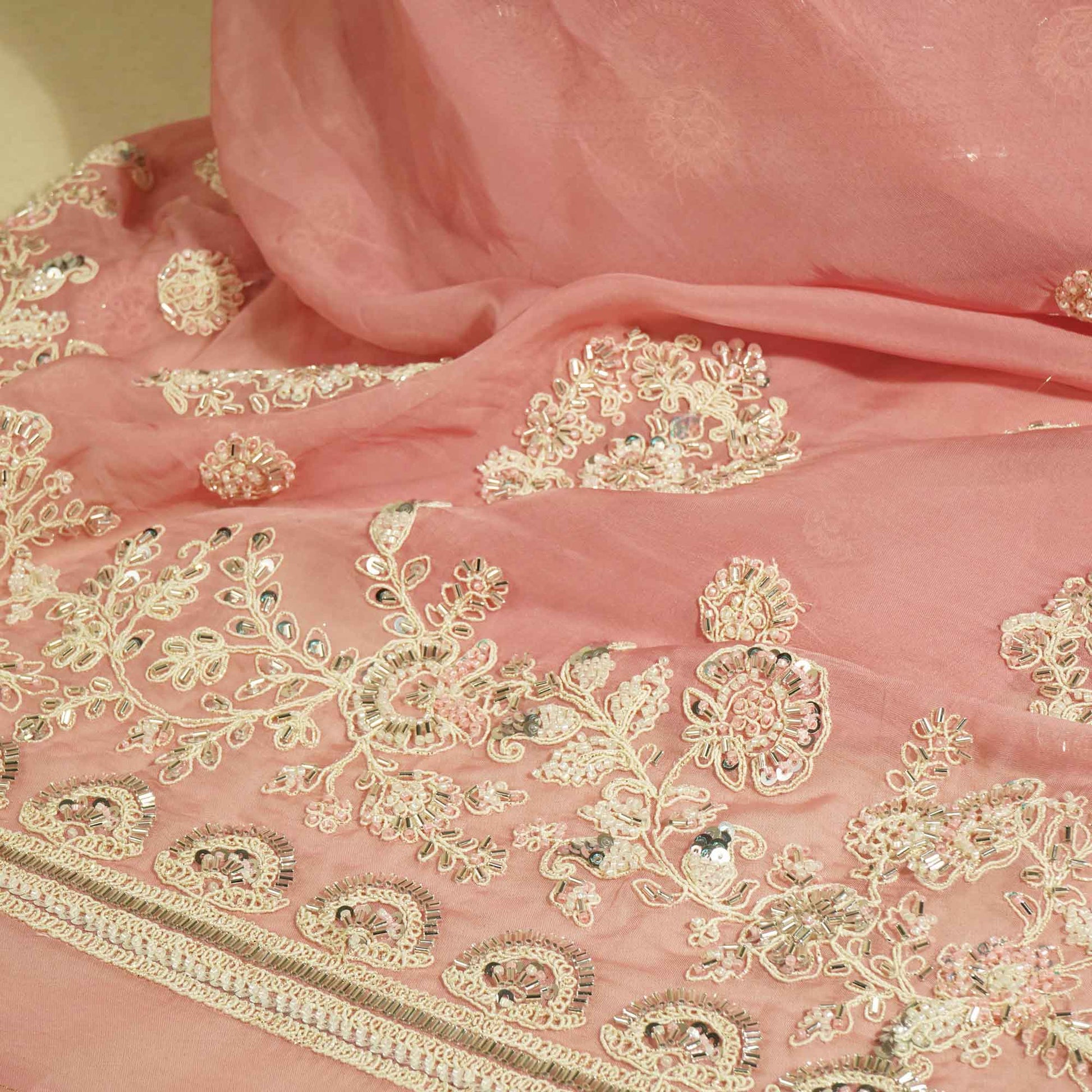 Pink Floral Cutdana & Sequins Embroidery Organza Fabric GT-25487