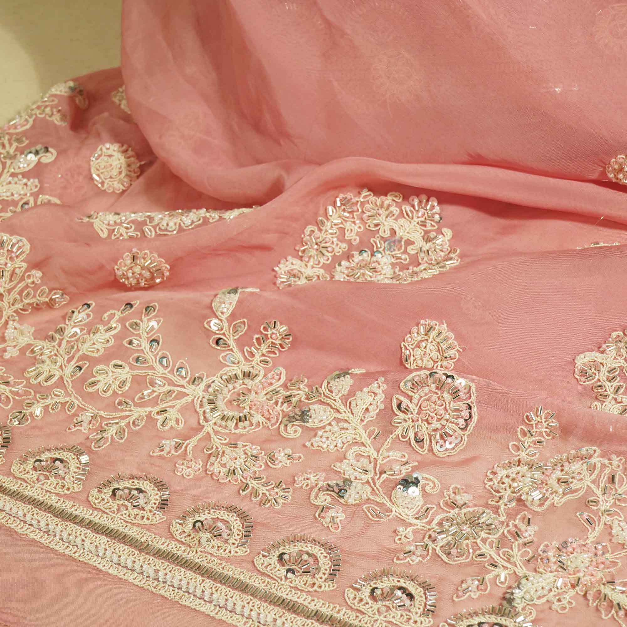 Pink Floral Cutdana & Sequins Embroidery Organza Fabric GT-25487