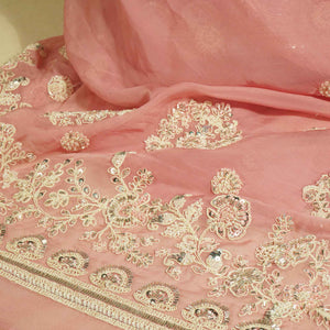Pink Floral Cutdana & Sequins Embroidery Organza Fabric GT-25487