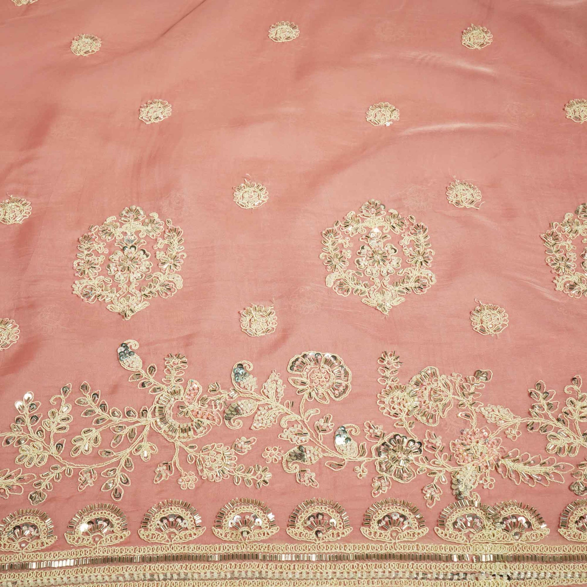 Pink Floral Cutdana & Sequins Embroidery Organza Fabric GT-25487