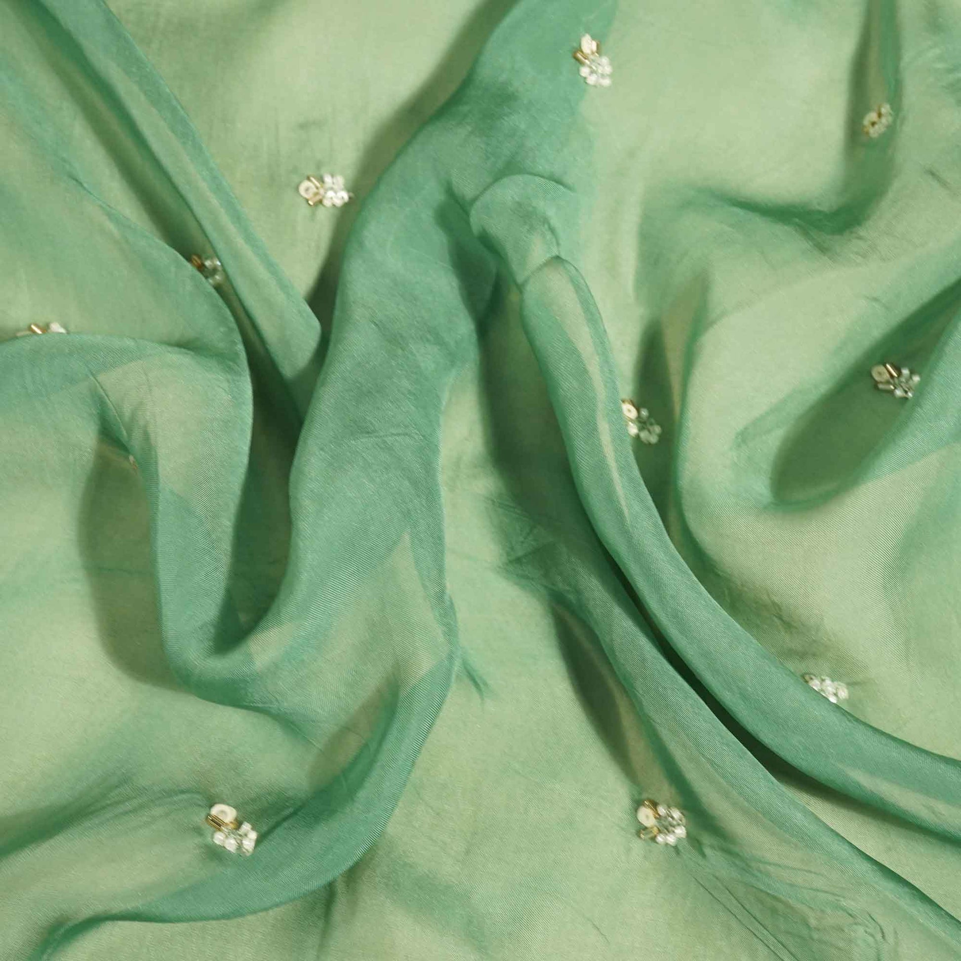 Green Floral Cutdana & Sequins Embroidery Organza Fabric GT-25488