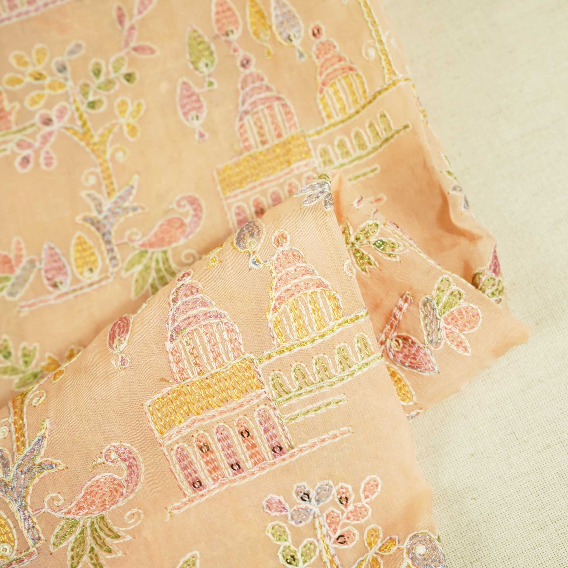 Peach Thread Sequins Embroidery Organza Fabric GT-25508