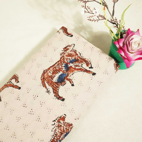 Beige Pichwai Ajrakh Print Cotton Schiffli Fabric CG-25521