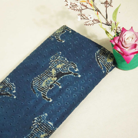 Indigo Pichwai Ajrakh Print Cotton Schiffli Fabric CG-25526